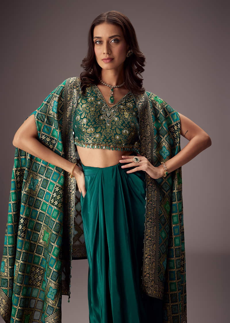 Teal Green Draped Skirt With Embroidered Blouse And Tassel Cape - Image 5