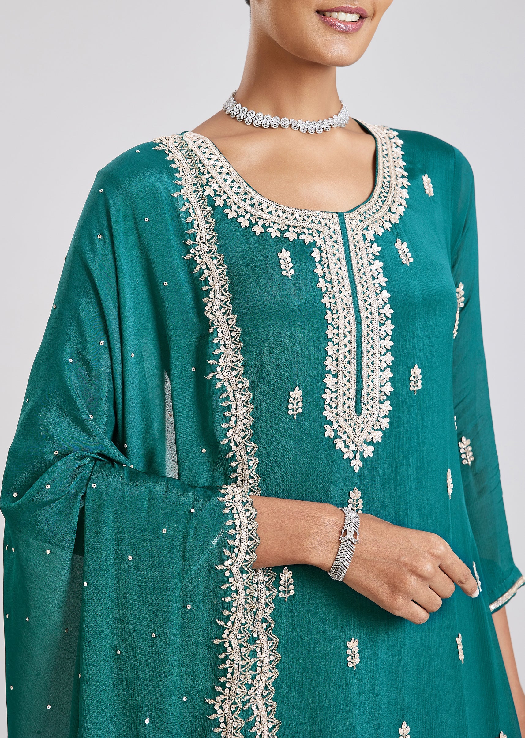 Teal Green Embroidered Sharara Set - Image 2