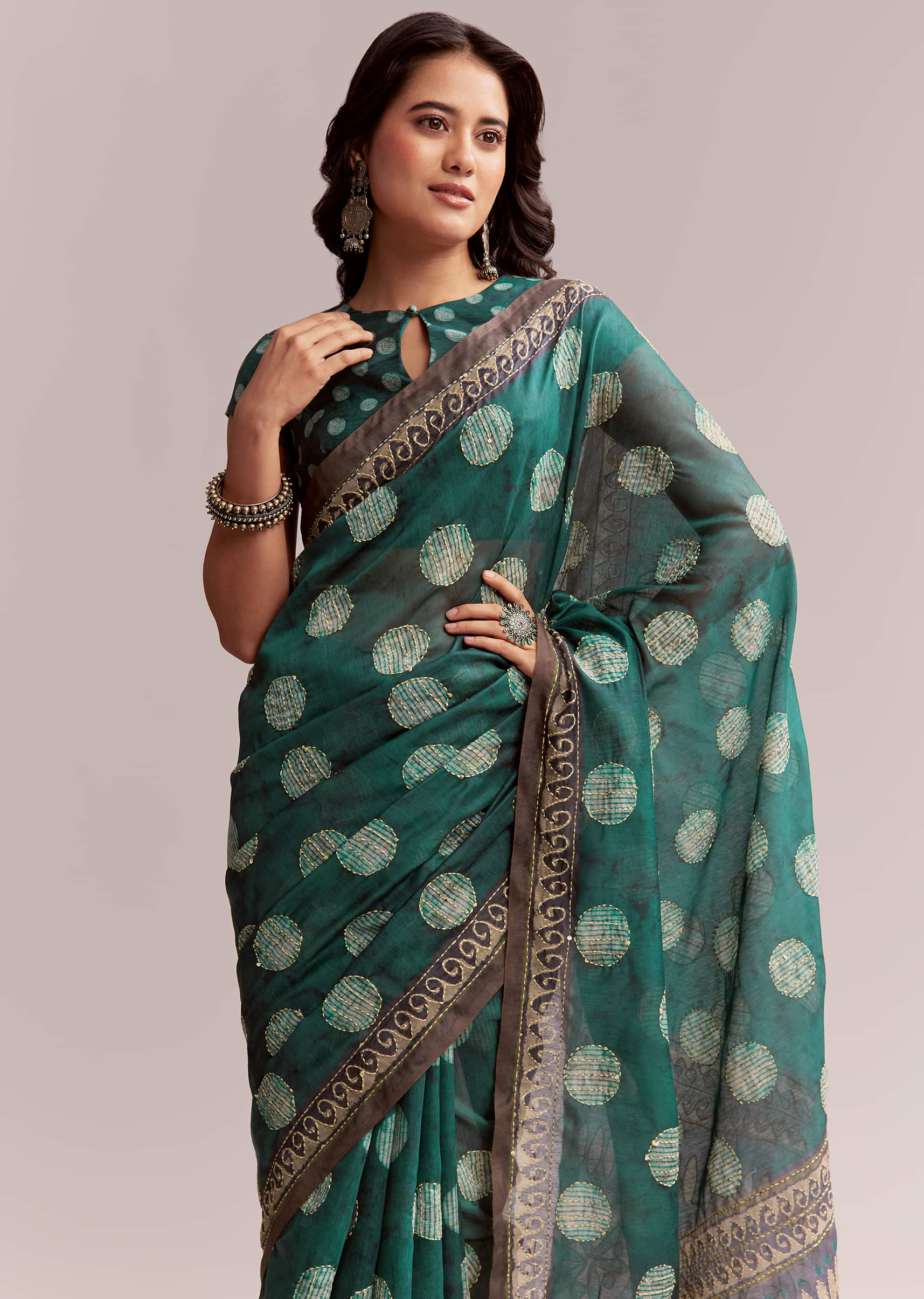 Teal Green Linen Printed Saree With Handcrafted Ajrakh Work - Image 5