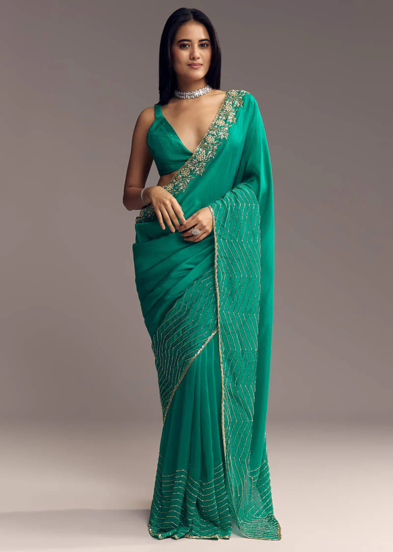 Teal Green Organza Saree With Cut Dana And Sequin Detailing - Image 3