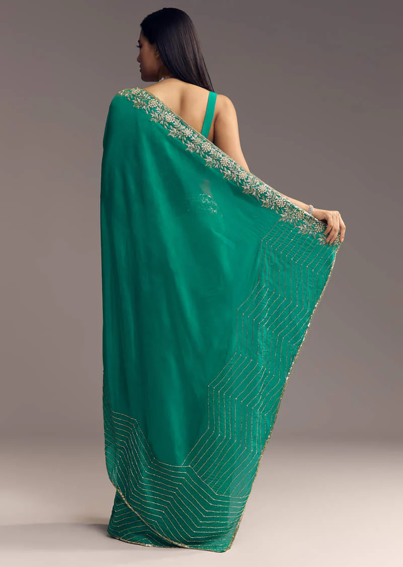 Teal Green Organza Saree With Cut Dana And Sequin Detailing - Image 4