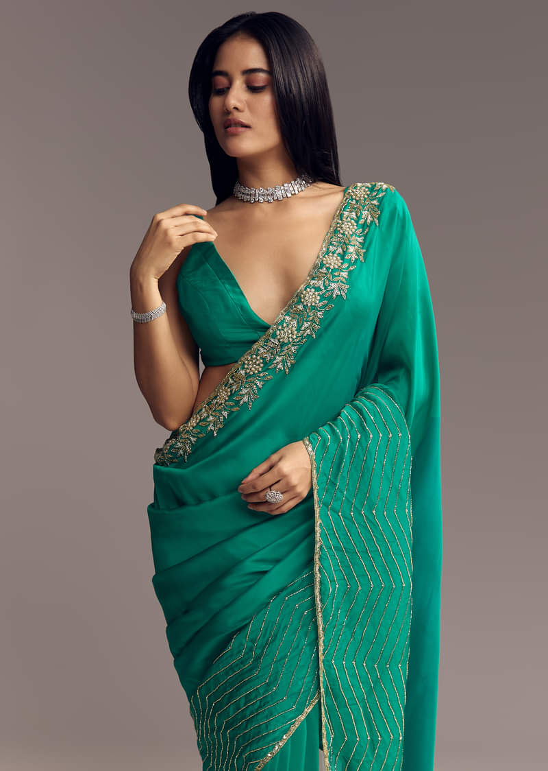 Teal Green Organza Saree With Cut Dana And Sequin Detailing - Image 5