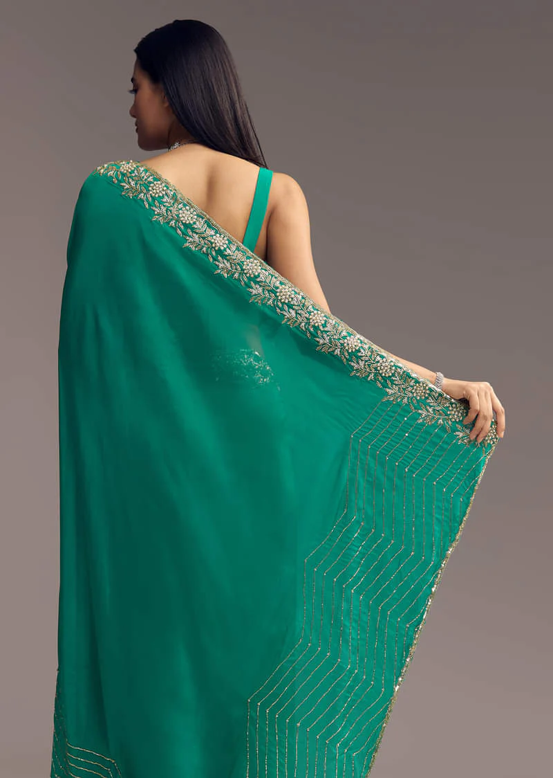Teal Green Organza Saree With Cut Dana And Sequin Detailing - Image 6