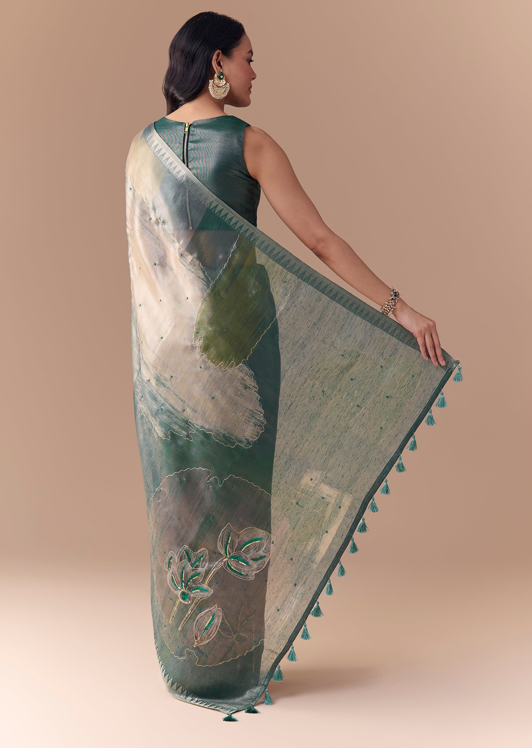 Teal Green Organza Silk Saree with Unstitched Blouse - Image 5