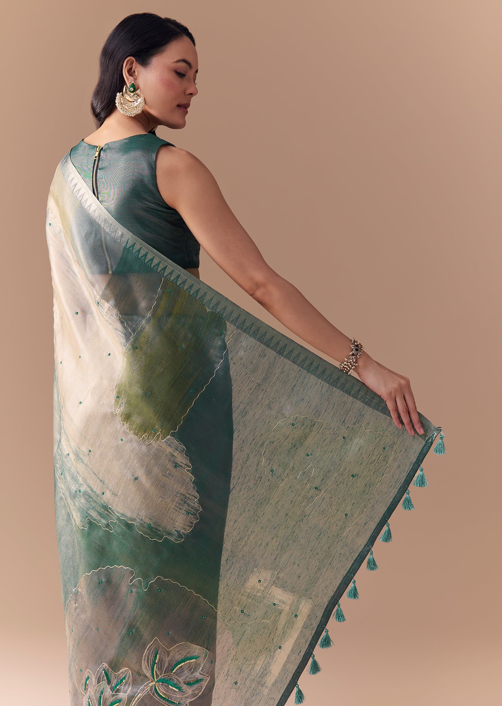 Teal Green Organza Silk Saree with Unstitched Blouse - Image 6