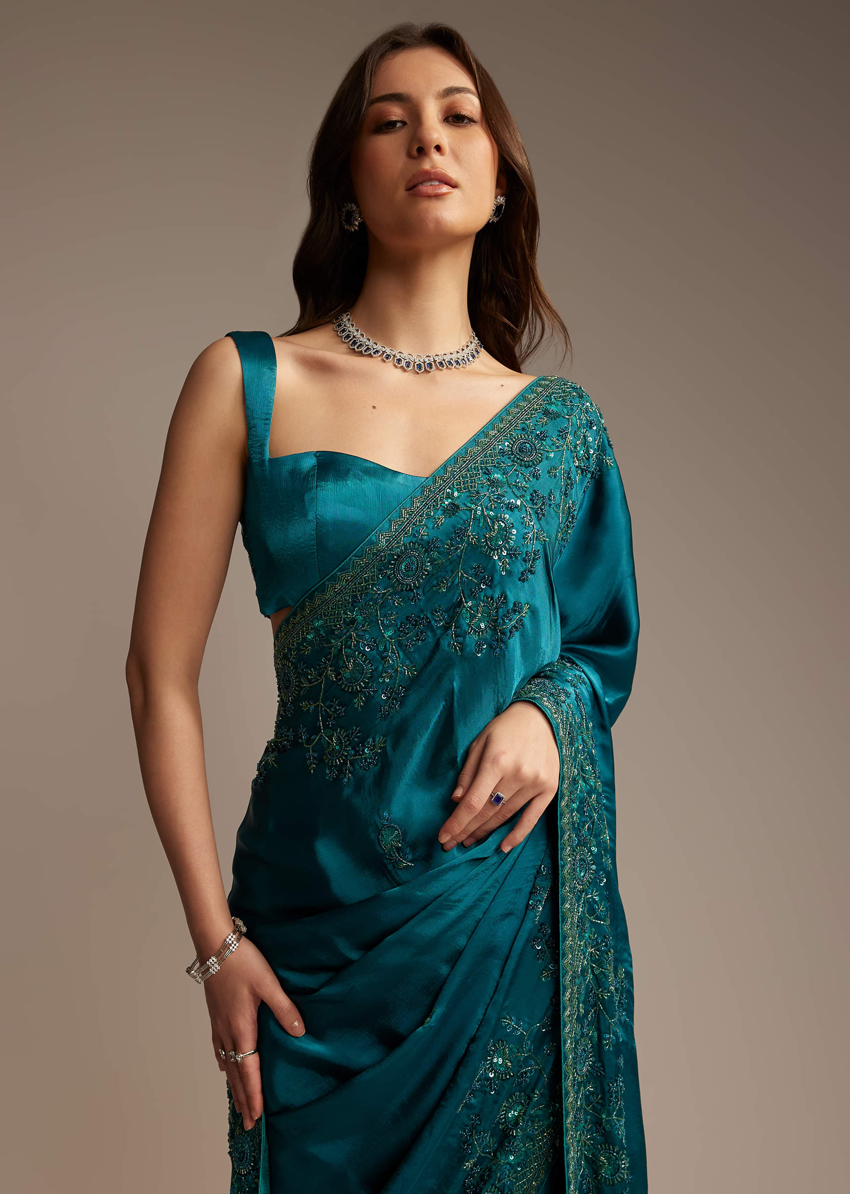 Teal Green Satin Chinon Saree with Floral Embroidery - Image 4