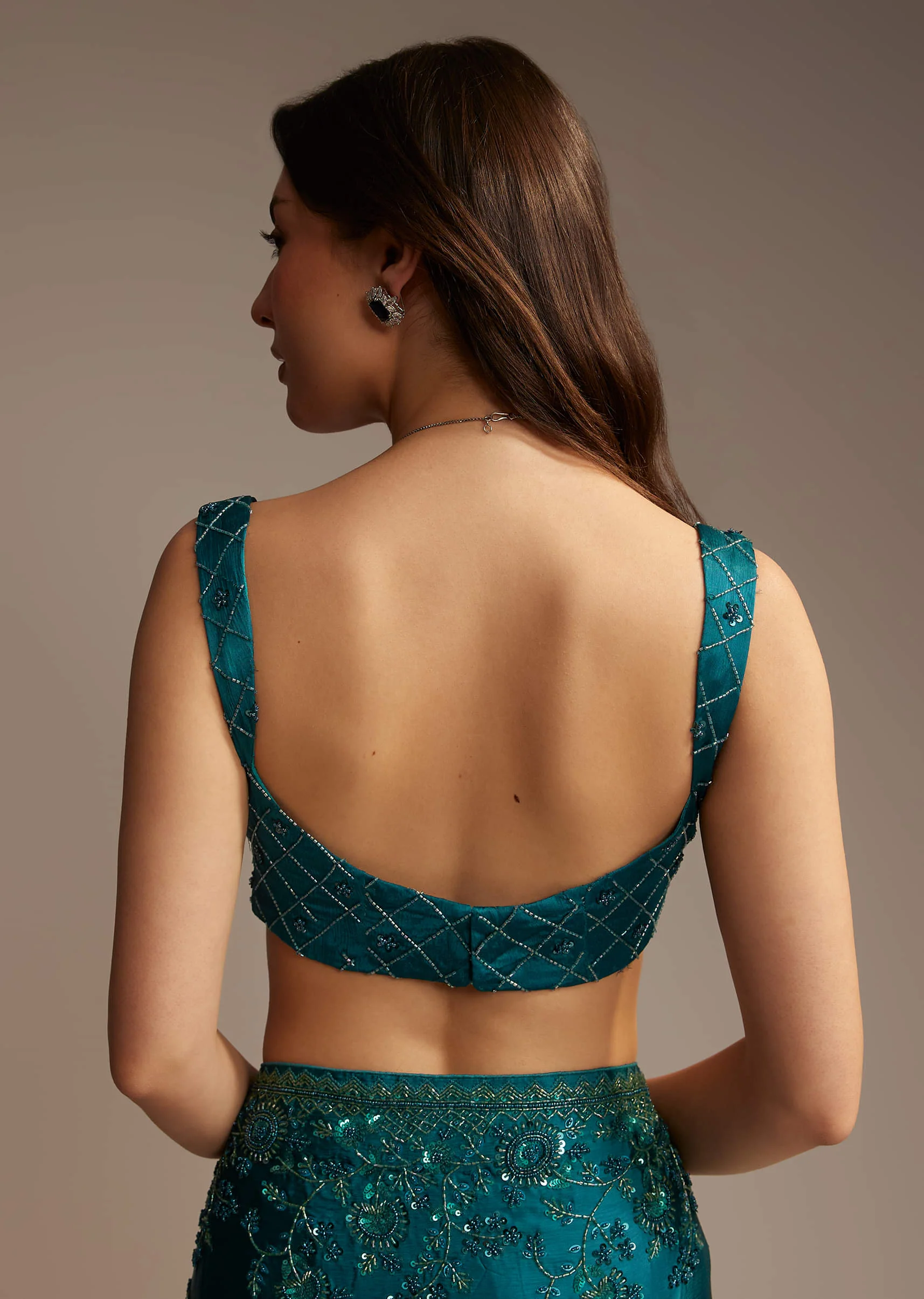 Teal Green Satin Chinon Saree with Floral Embroidery - Image 7