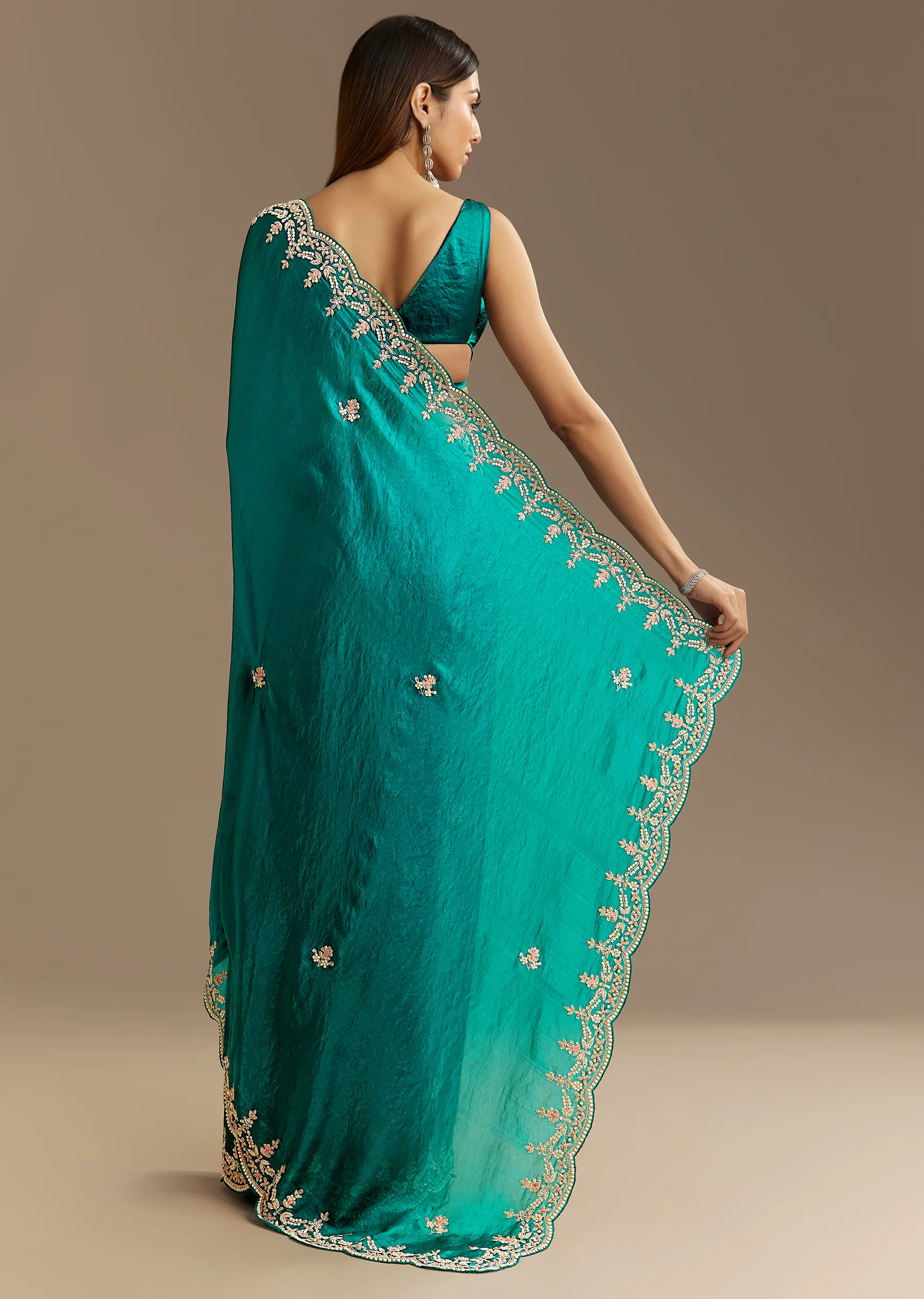 Teal Green Satin Saree With Zardosi Moti Embroidery And Scallop Border - Image 6