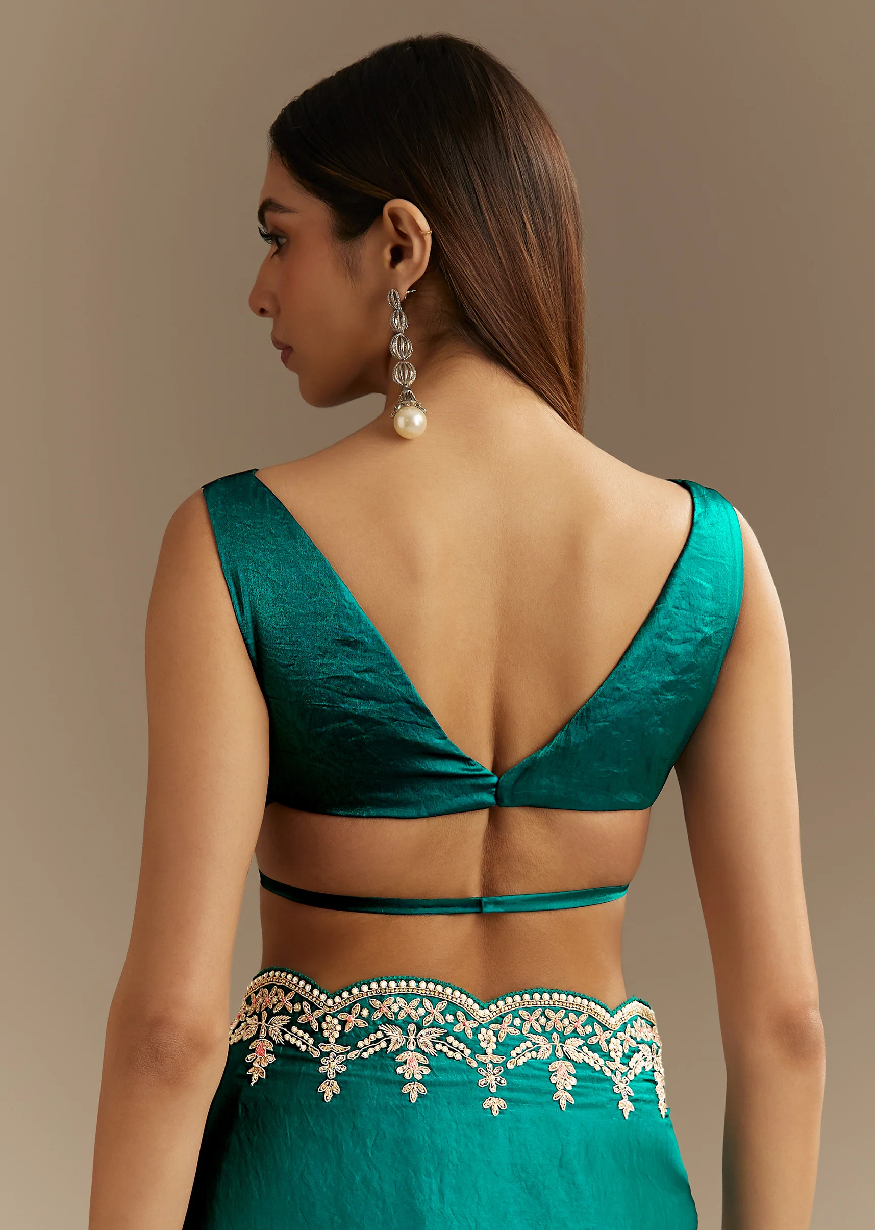 Teal Green Satin Saree With Zardosi Moti Embroidery And Scallop Border - Image 8