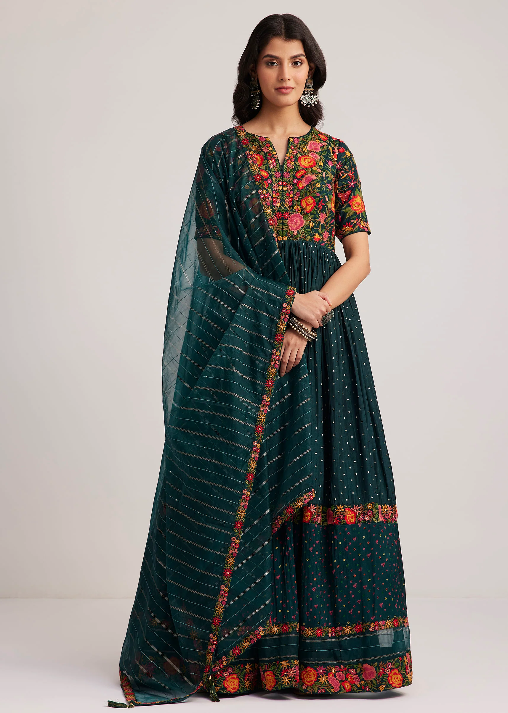 Teal Green Silk Bandhani Anarkali With Organza Dupatta - Image 3