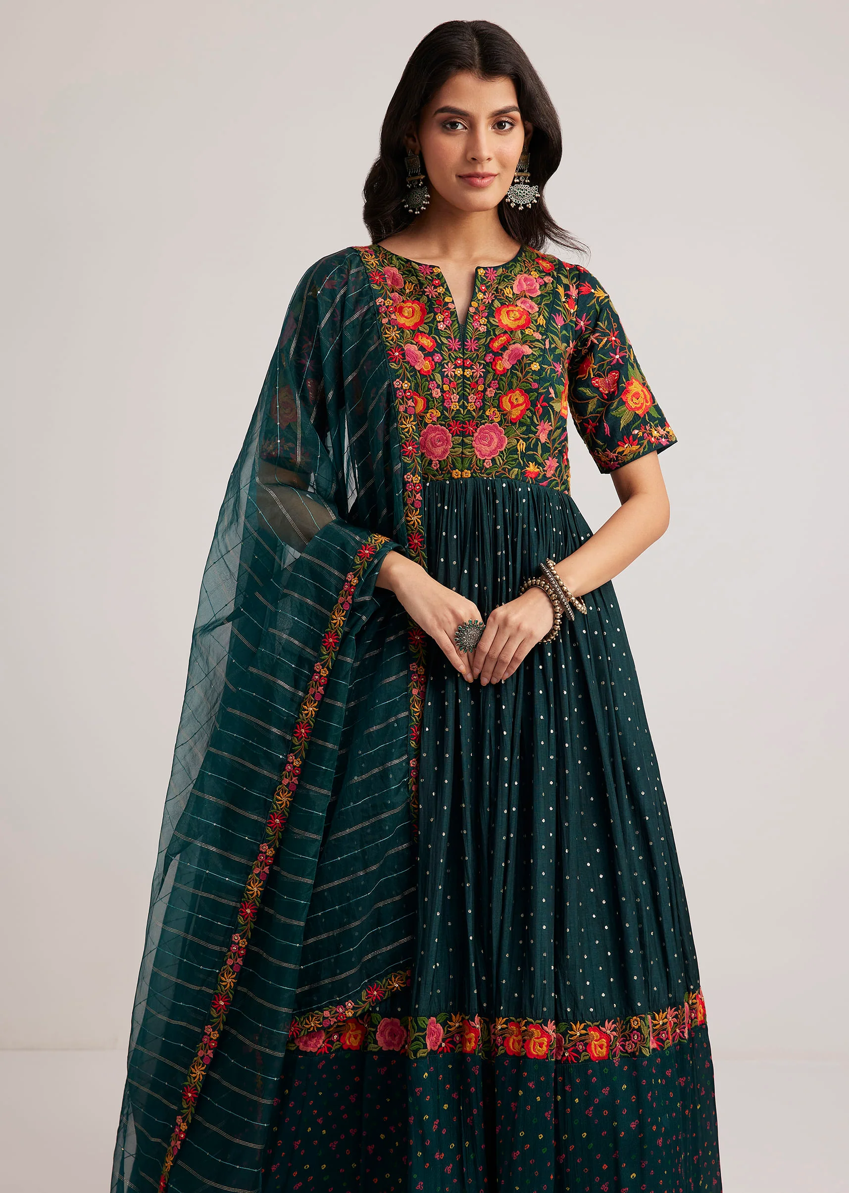 Teal Green Silk Bandhani Anarkali With Organza Dupatta - Image 4