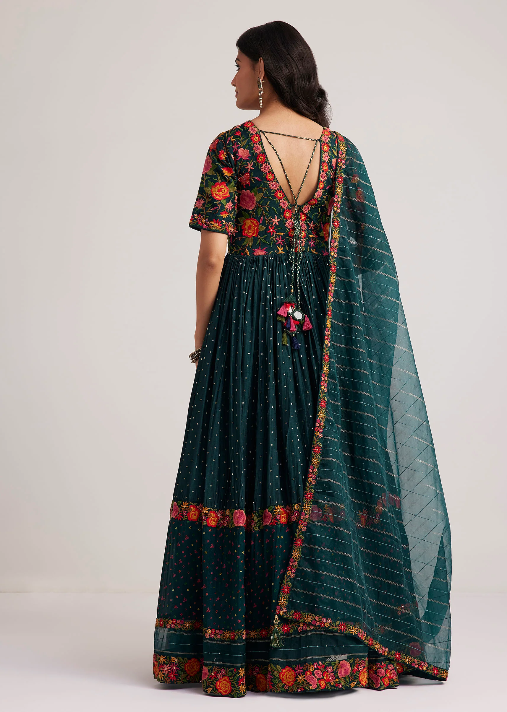 Teal Green Silk Bandhani Anarkali With Organza Dupatta - Image 5