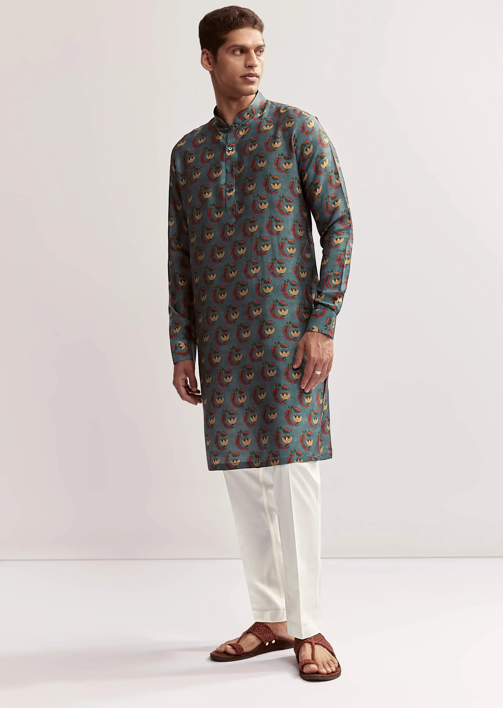 Teal Green Silk Printed Kurta For Men - Image 3