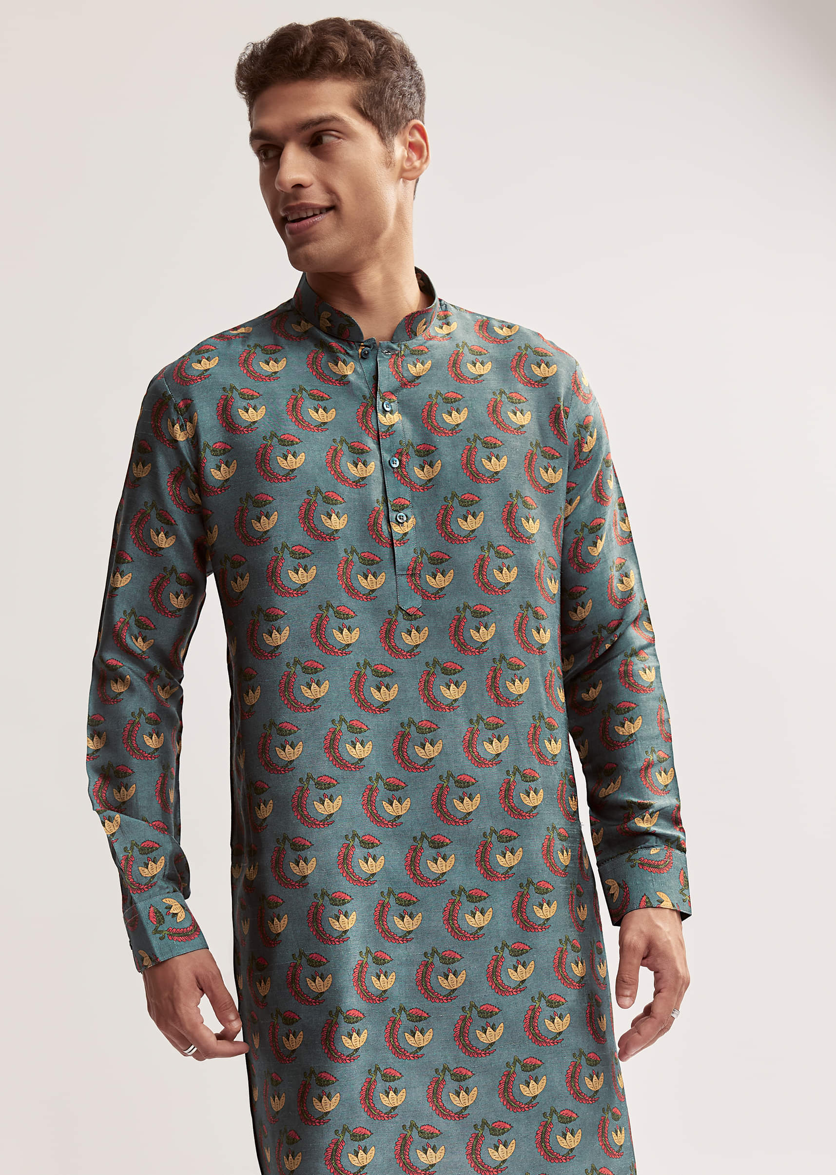 Teal Green Silk Printed Kurta For Men - Image 4