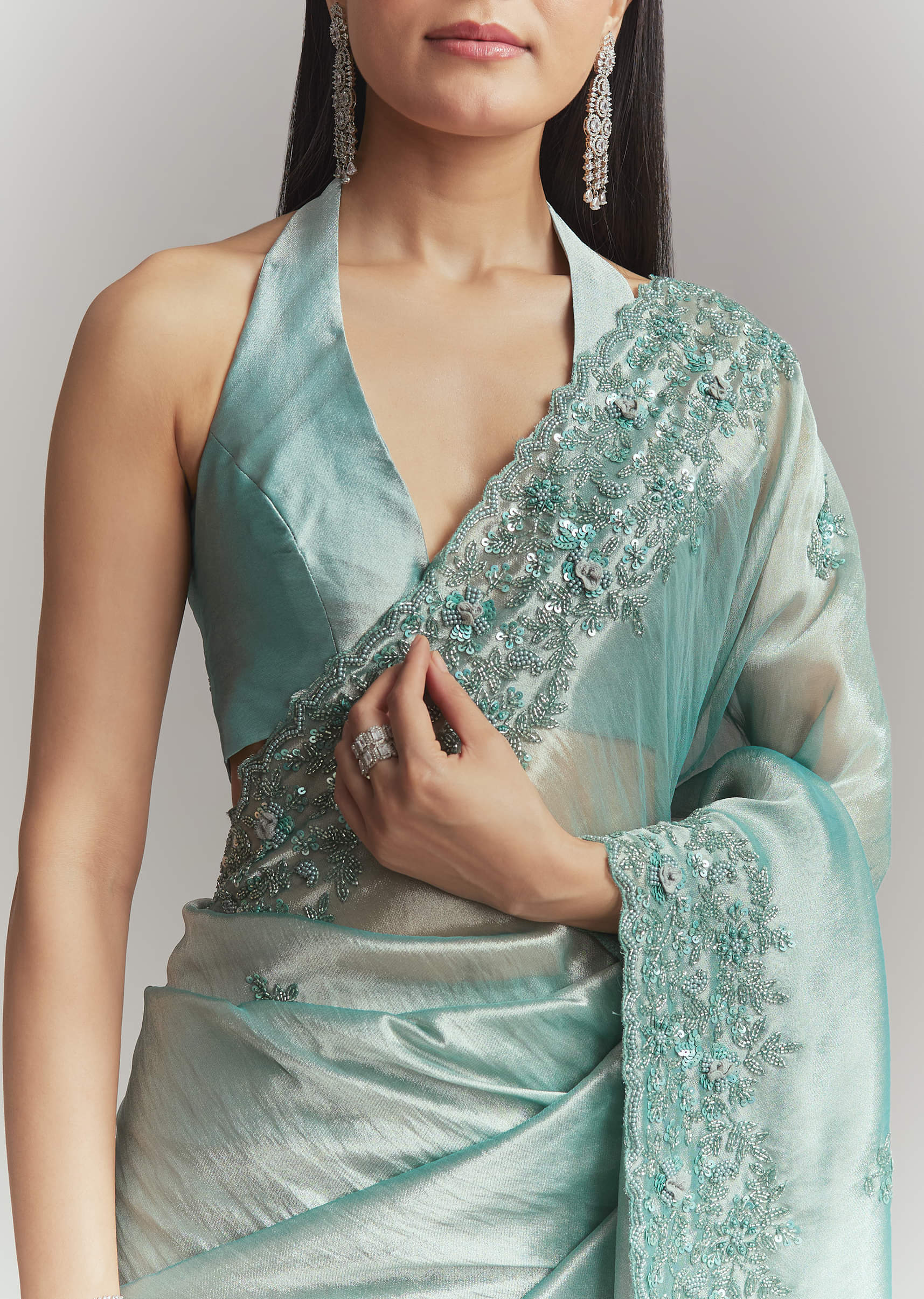 Teal Green Tissue Embroidered Saree With Heavy Hand Embroidery - Image 2