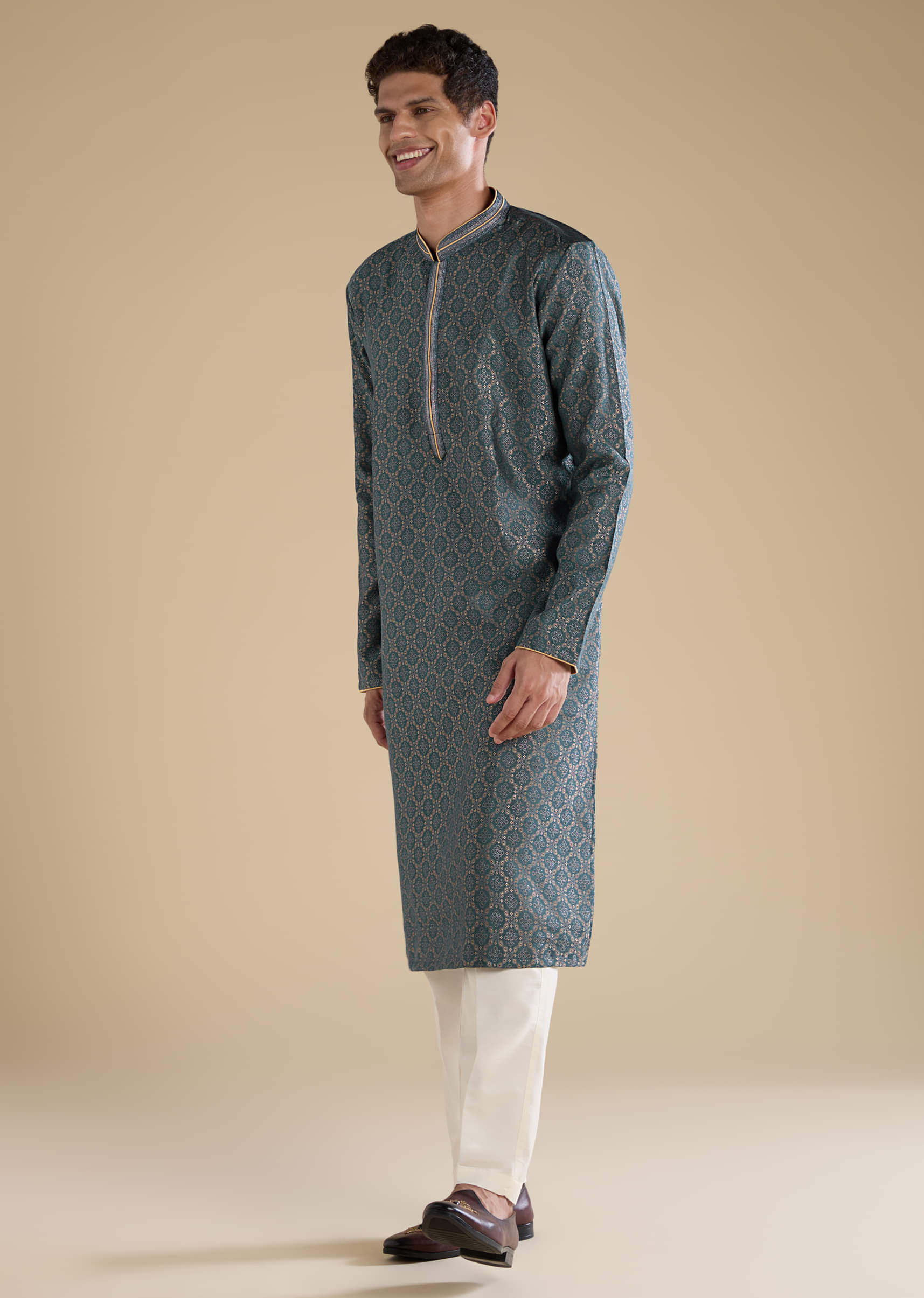 Teal Jacquard Self Work Mens Kurta Set - Image 3