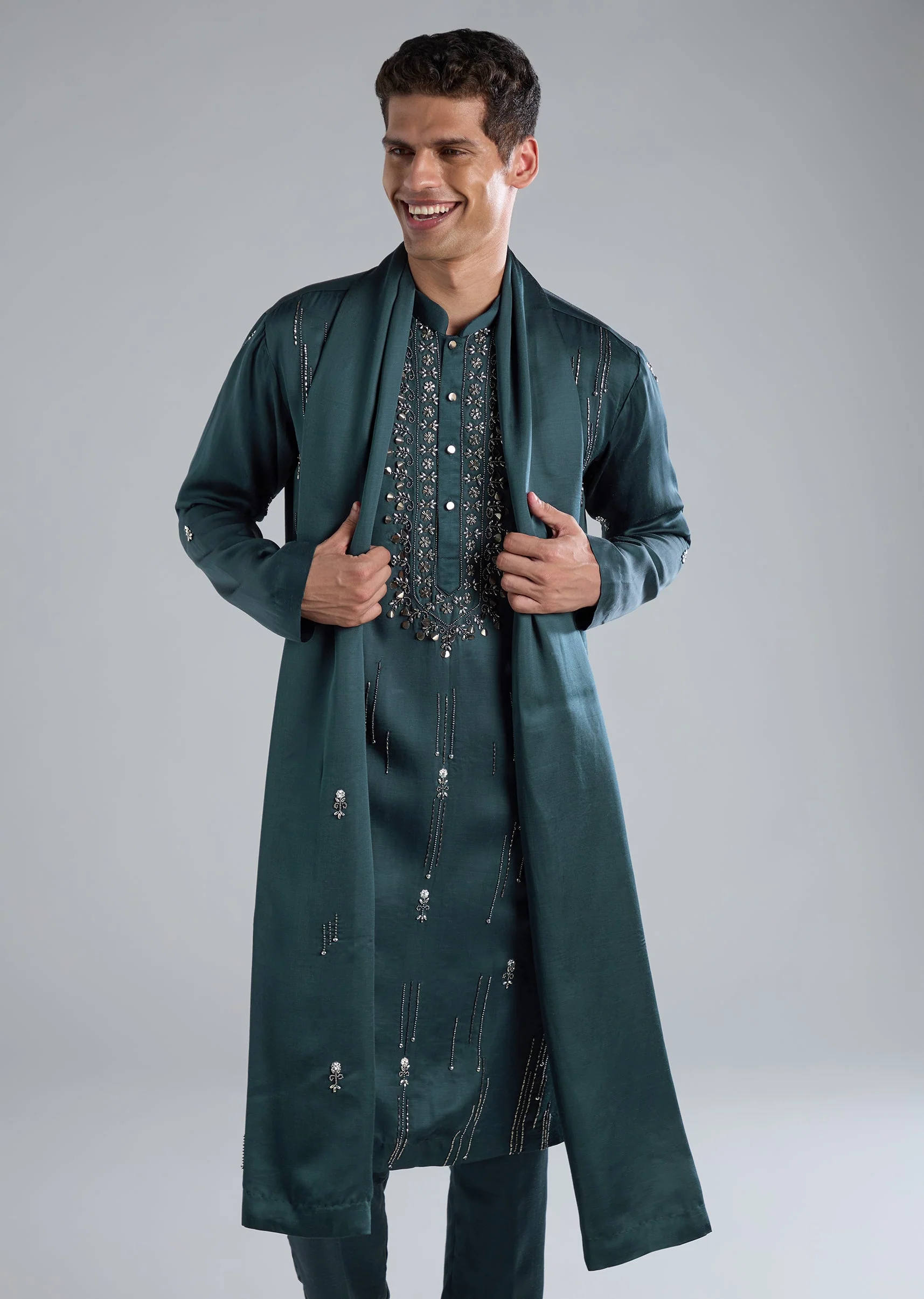 Teal Kurta Set With Hand Embroidery And Cutdana Details - Image 2