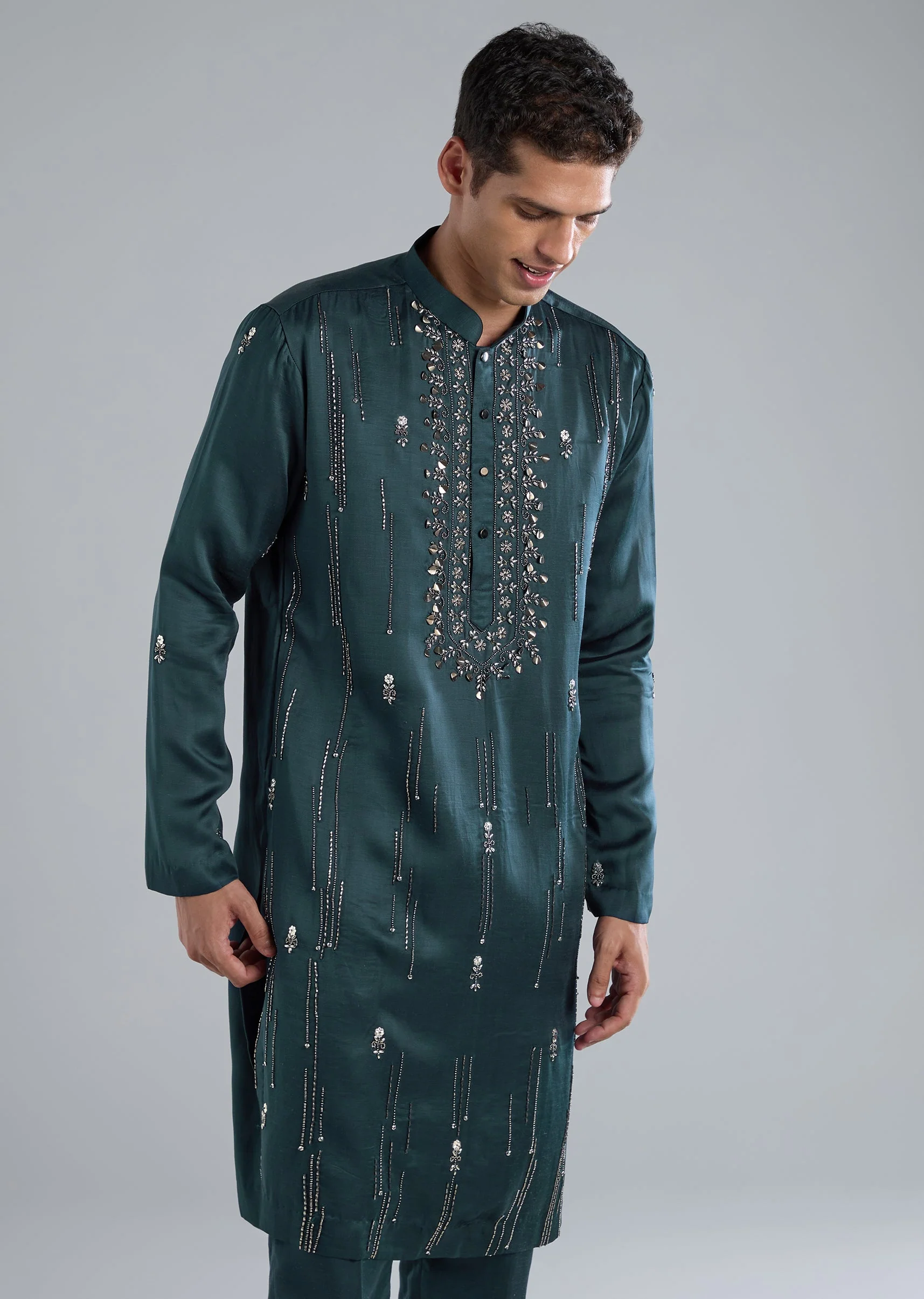 Teal Kurta Set With Hand Embroidery And Cutdana Details - Image 6