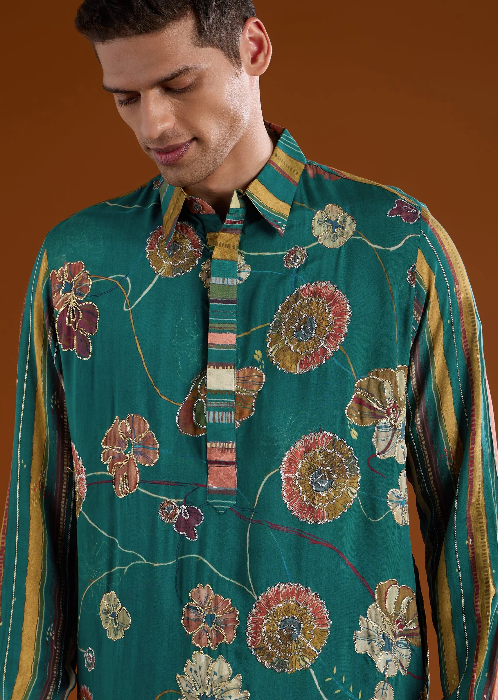 Teal Muslin Mens Kurta Set With Printed Kalamkari - Image 2