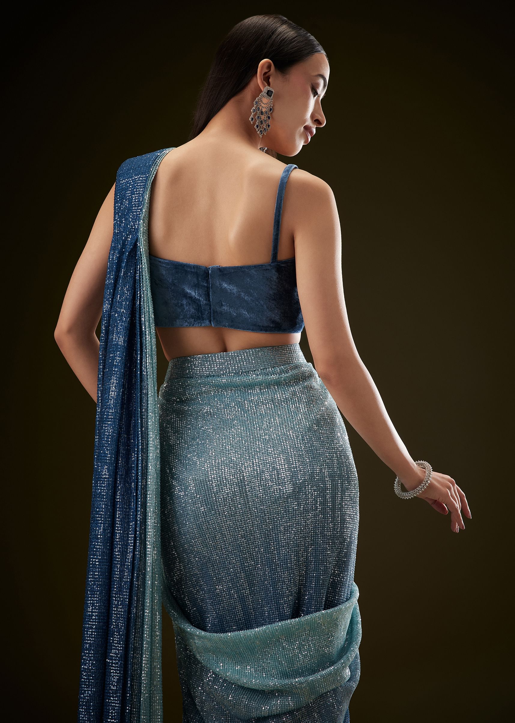 Teal Ombre Sequence Ready To Wear Saree With Velvet Blouse - Image 4