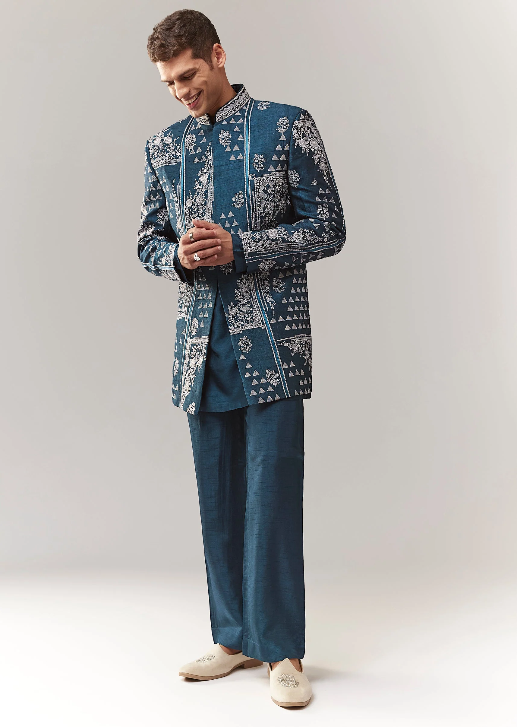 Teal Raw Silk Indo Western With Resham Work - Image 3