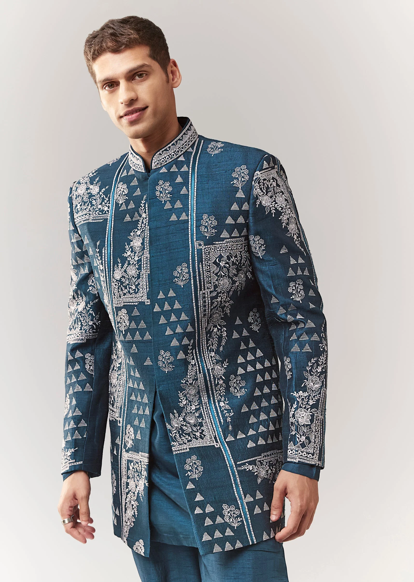 Teal Raw Silk Indo Western With Resham Work - Image 4