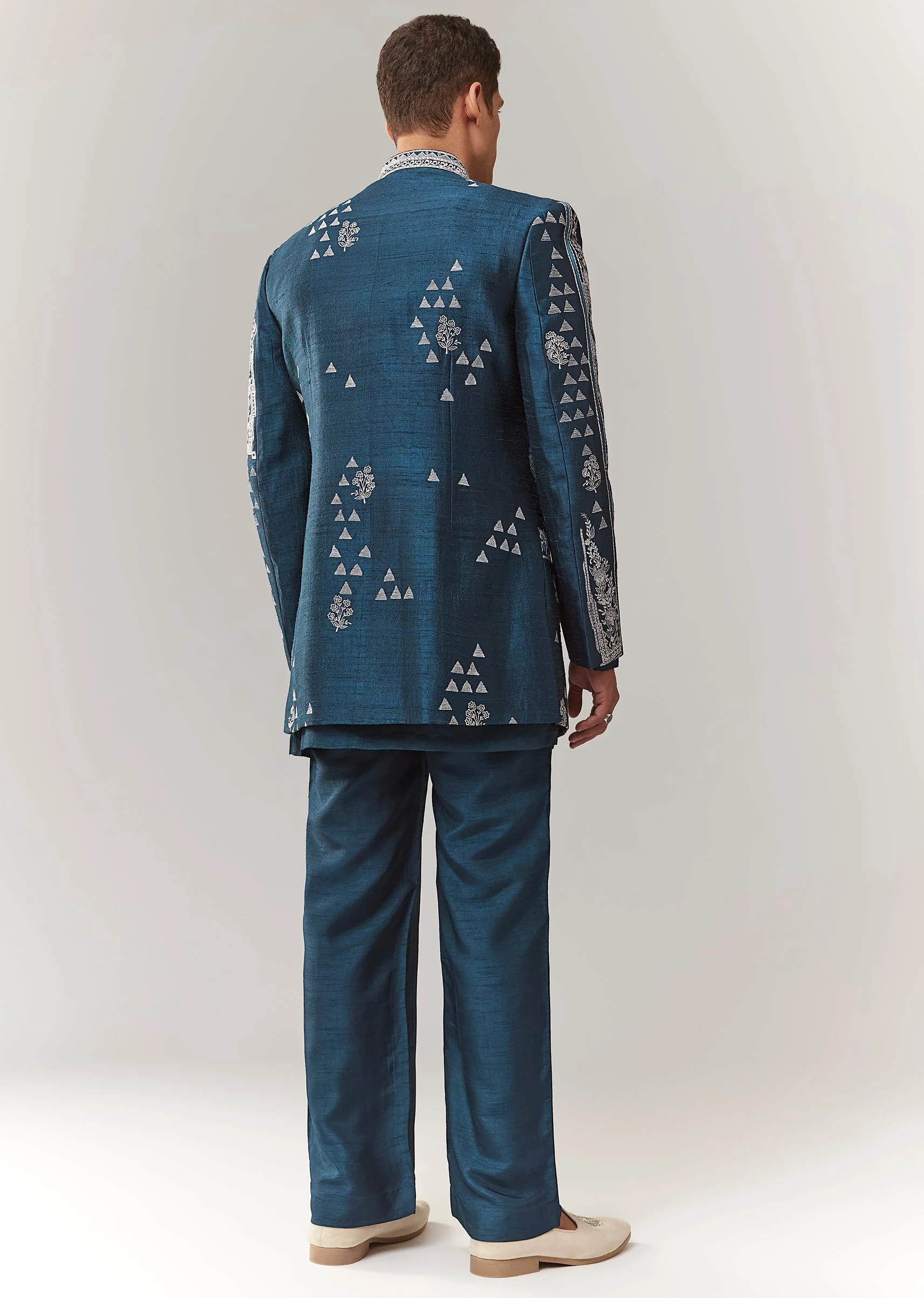 Teal Raw Silk Indo Western With Resham Work - Image 5