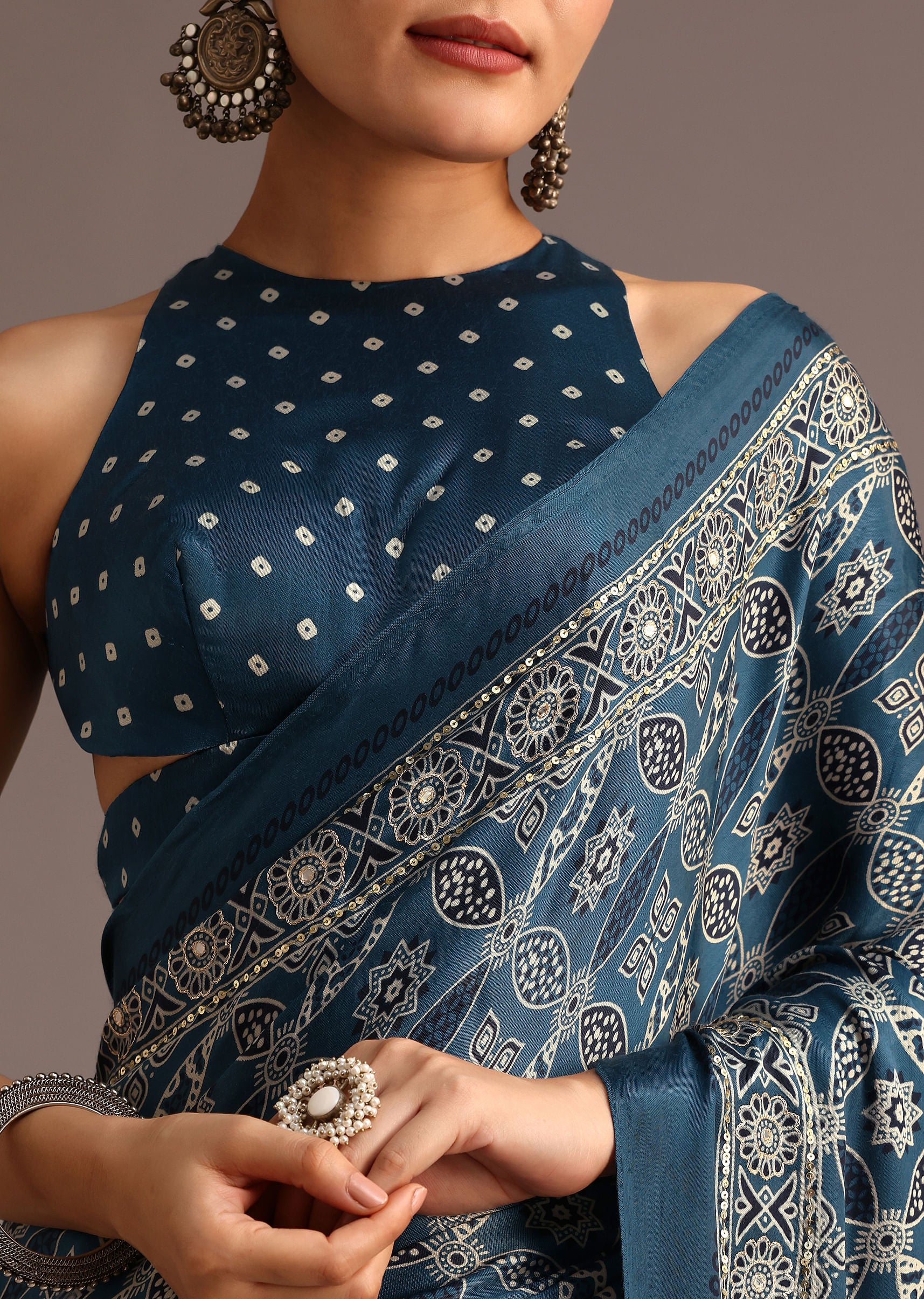 Teal Satin Ajrakh Print Saree With Mirror Embellished Border And Pallu - Image 2