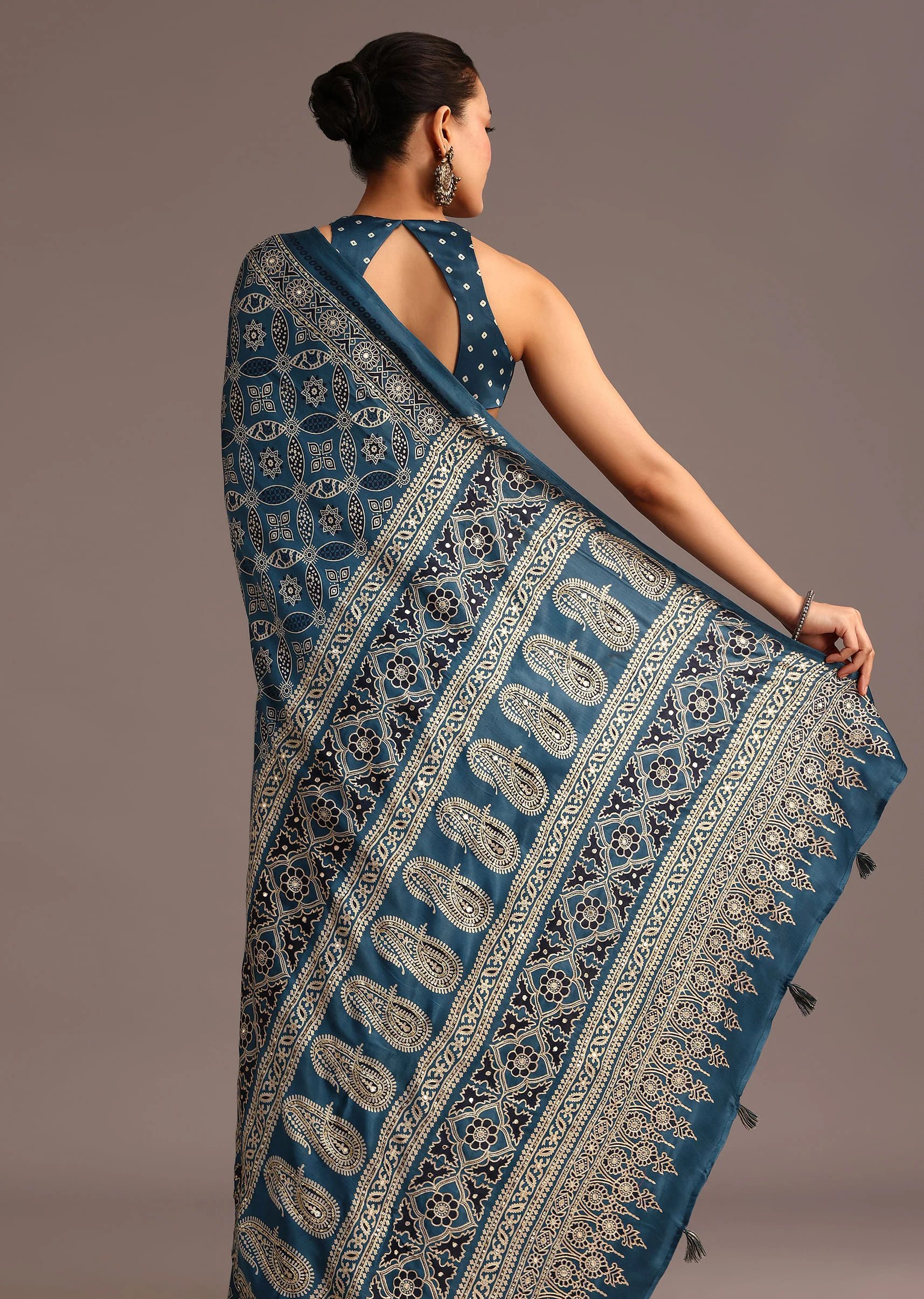Teal Satin Ajrakh Print Saree With Mirror Embellished Border And Pallu - Image 4