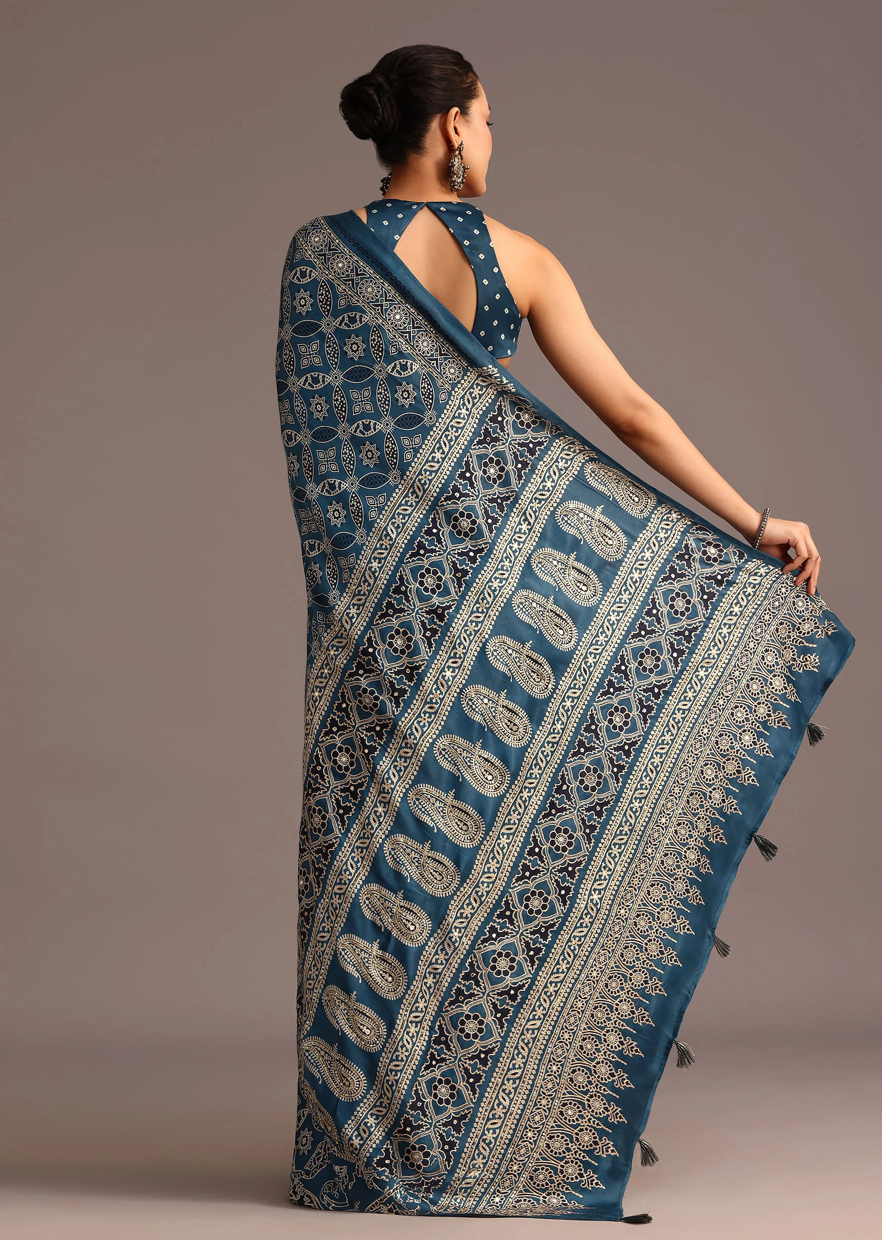Teal Satin Ajrakh Print Saree With Mirror Embellished Border And Pallu - Image 5
