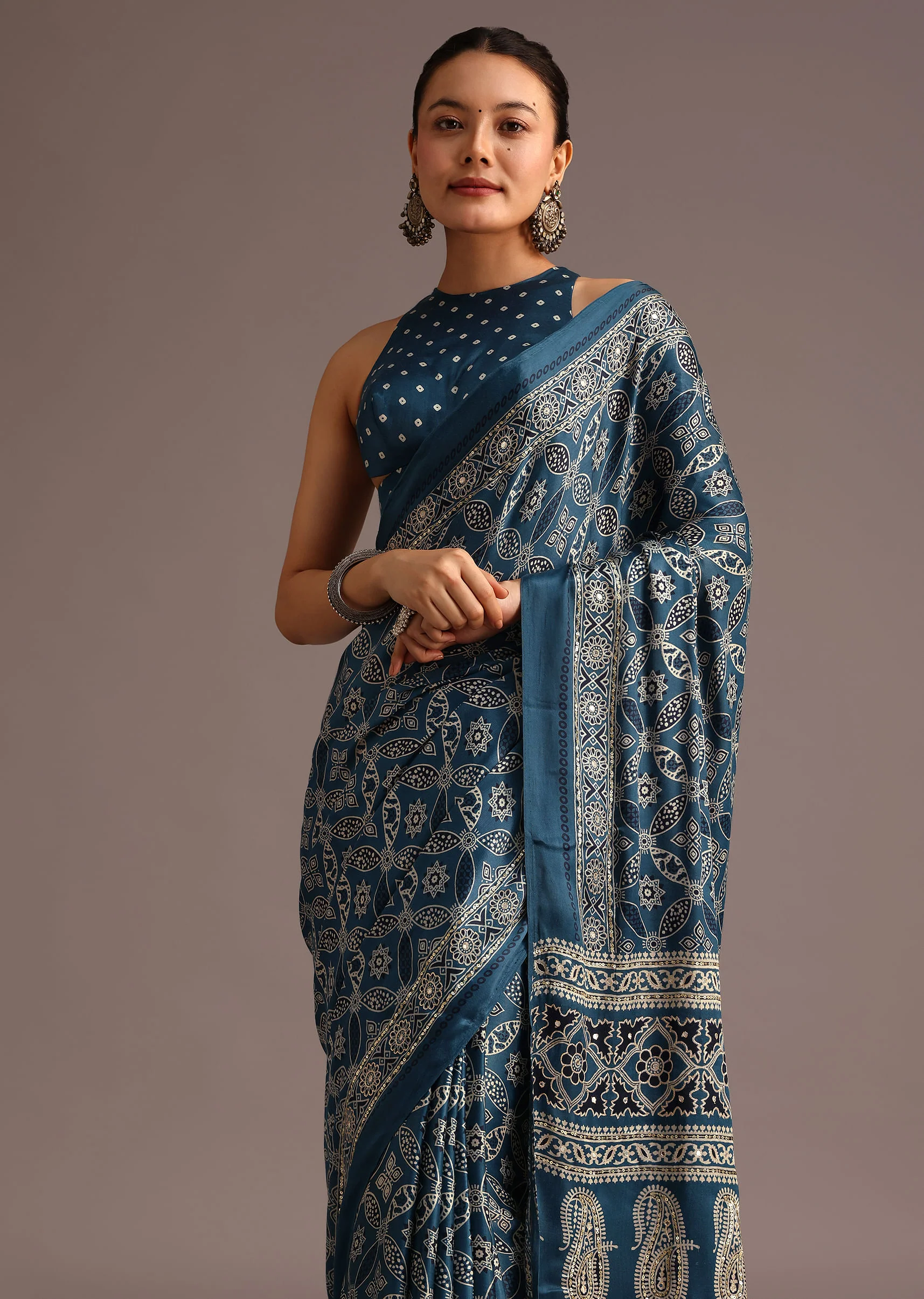 Teal Satin Ajrakh Print Saree With Mirror Embellished Border And Pallu - Image 6