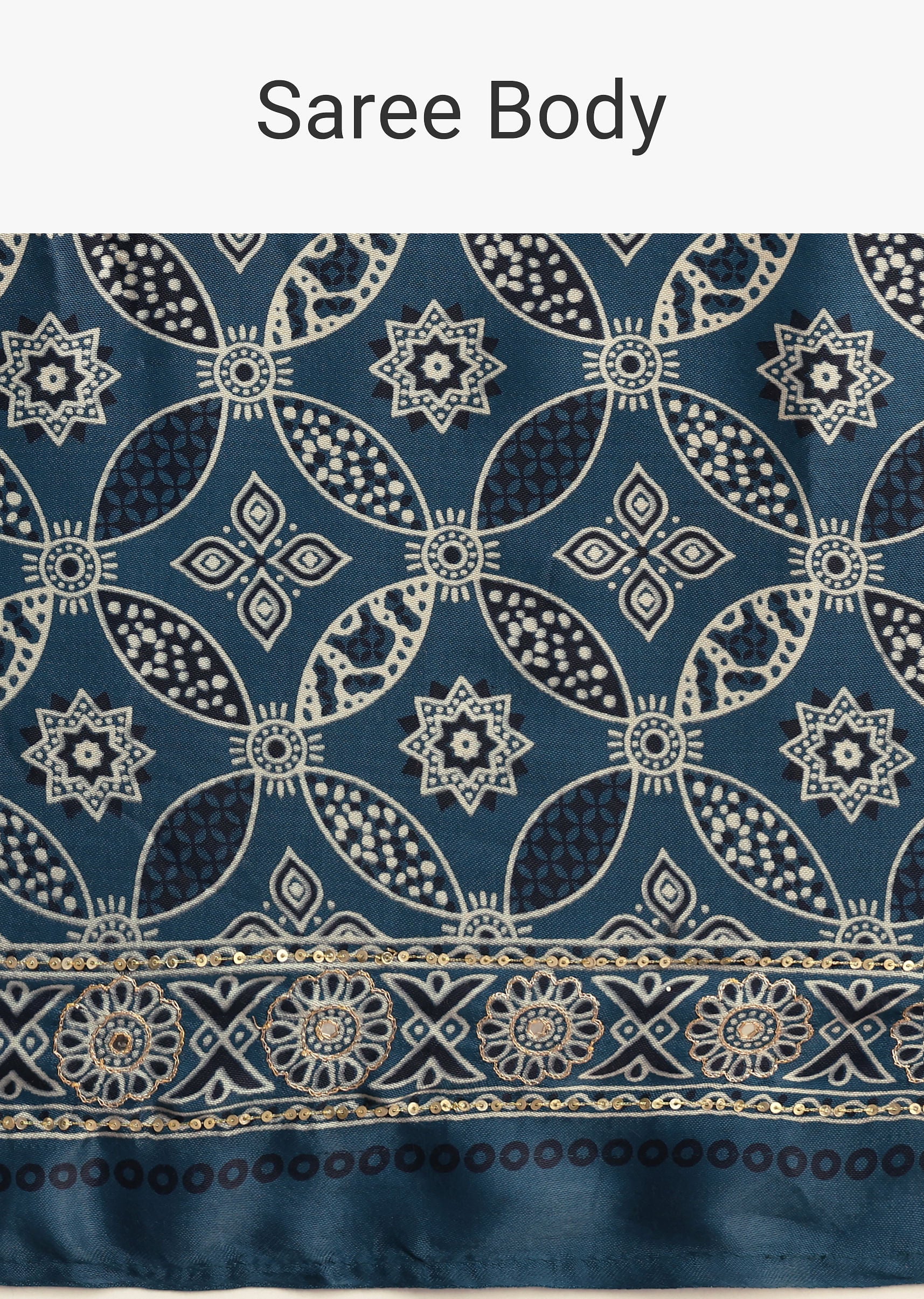 Teal Satin Ajrakh Print Saree With Mirror Embellished Border And Pallu - Image 9