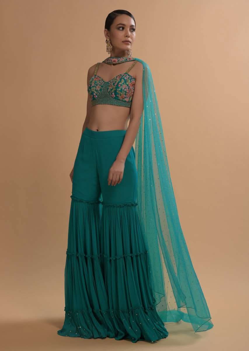 Teal Sharara And Crop Top Set With Colorful Resham, Cut Dana And Moti Embroidered Spring Blooms - Image 6