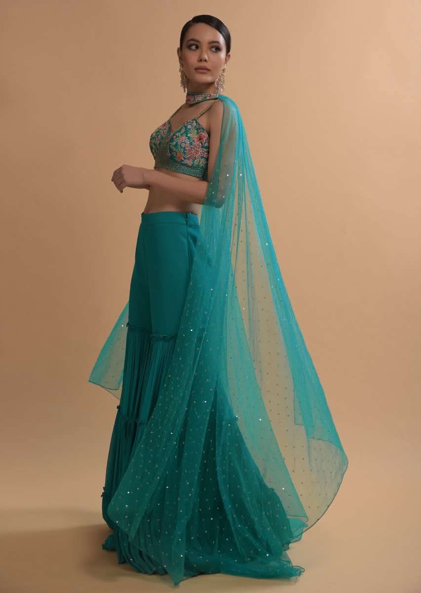 Teal Sharara And Crop Top Set With Colorful Resham, Cut Dana And Moti Embroidered Spring Blooms - Image 7