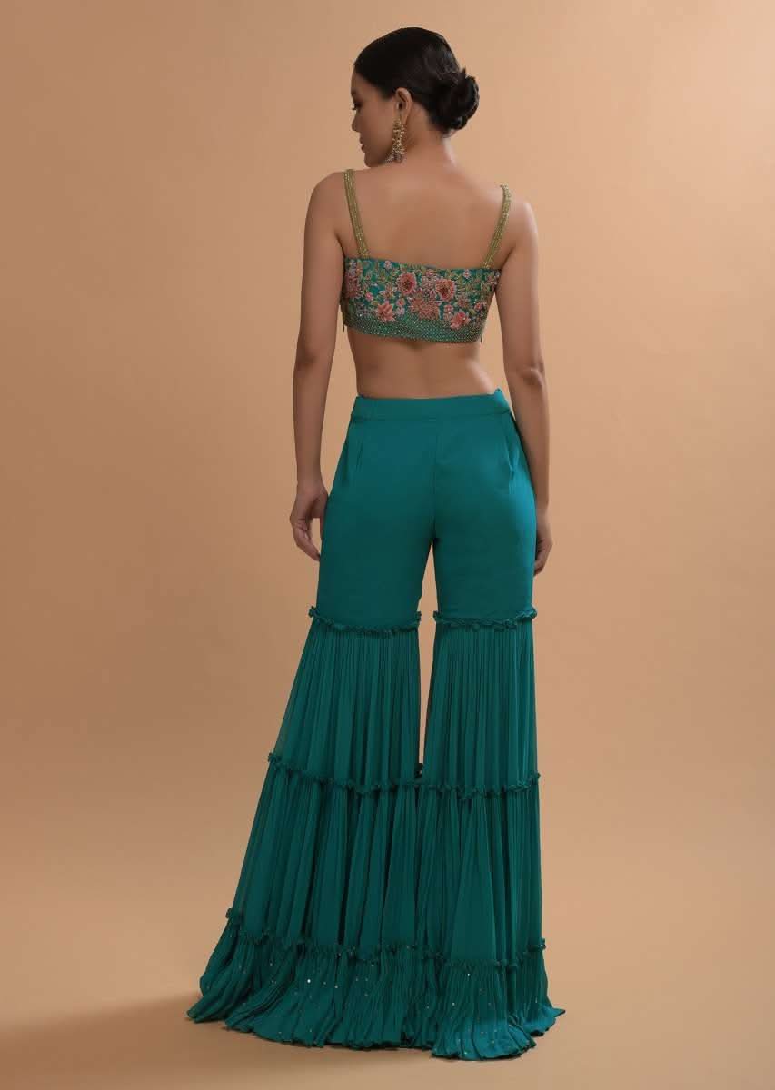 Teal Sharara And Crop Top Set With Colorful Resham, Cut Dana And Moti Embroidered Spring Blooms - Image 9