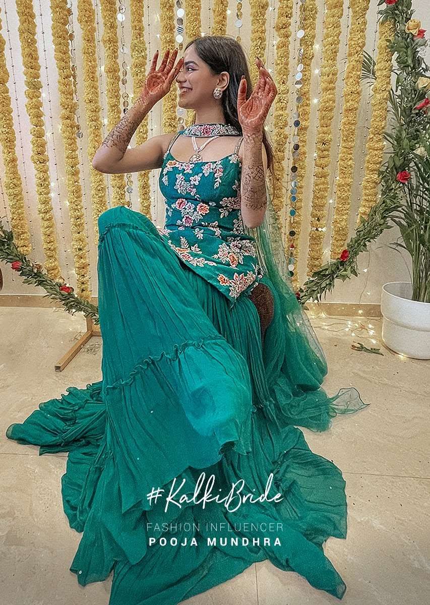 Teal Sharara Suit With Colorful Resham, Cut Dana And Moti Embroidered Spring Blossoms - Image 10
