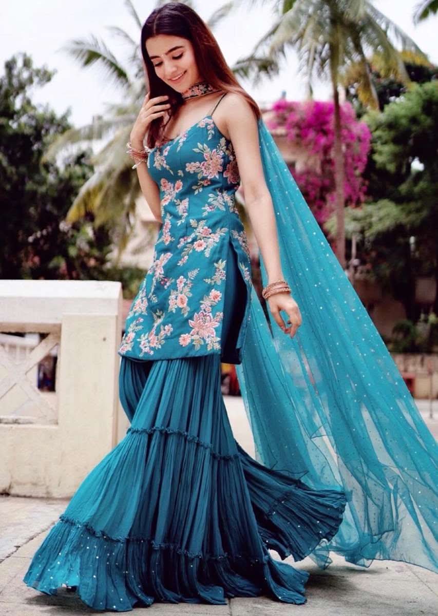 Teal Sharara Suit With Colorful Resham, Cut Dana And Moti Embroidered Spring Blossoms - Image 9