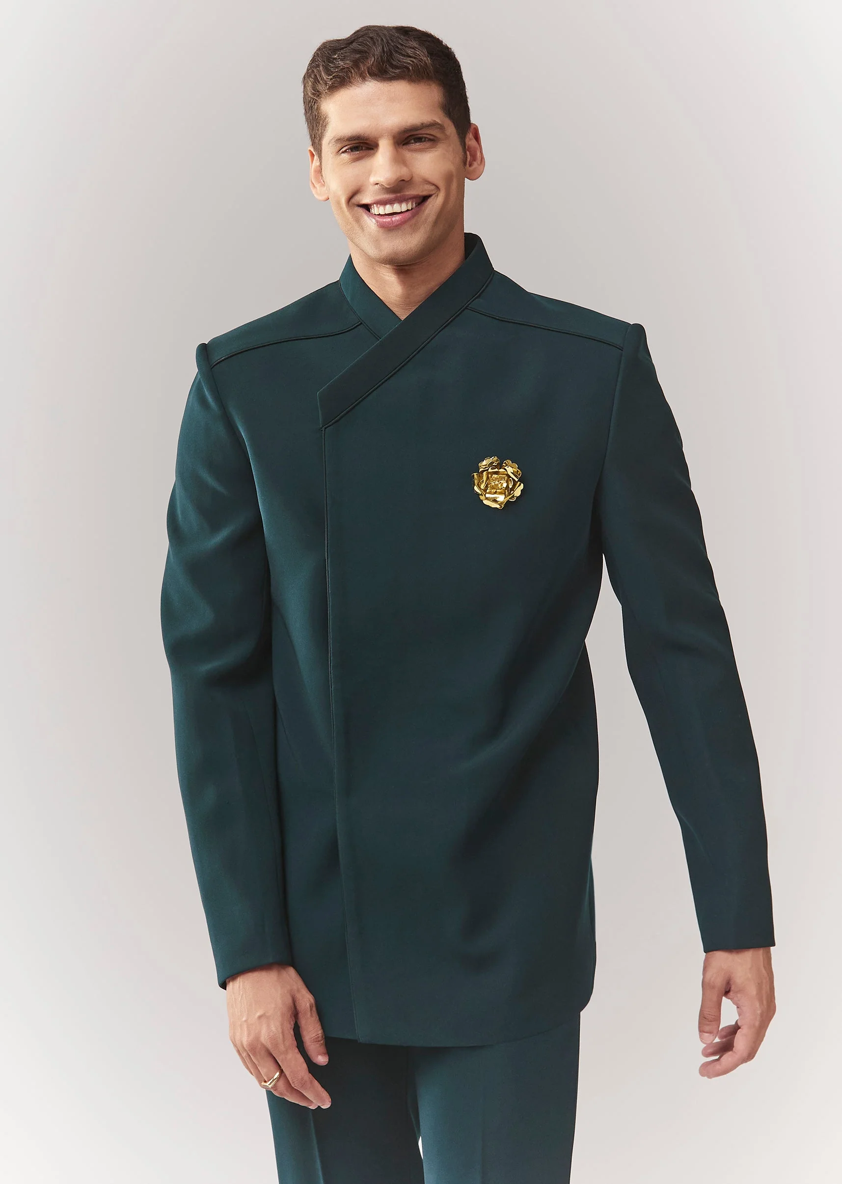 Teal Suede Tuxedo Set With Metal Broach - Image 4