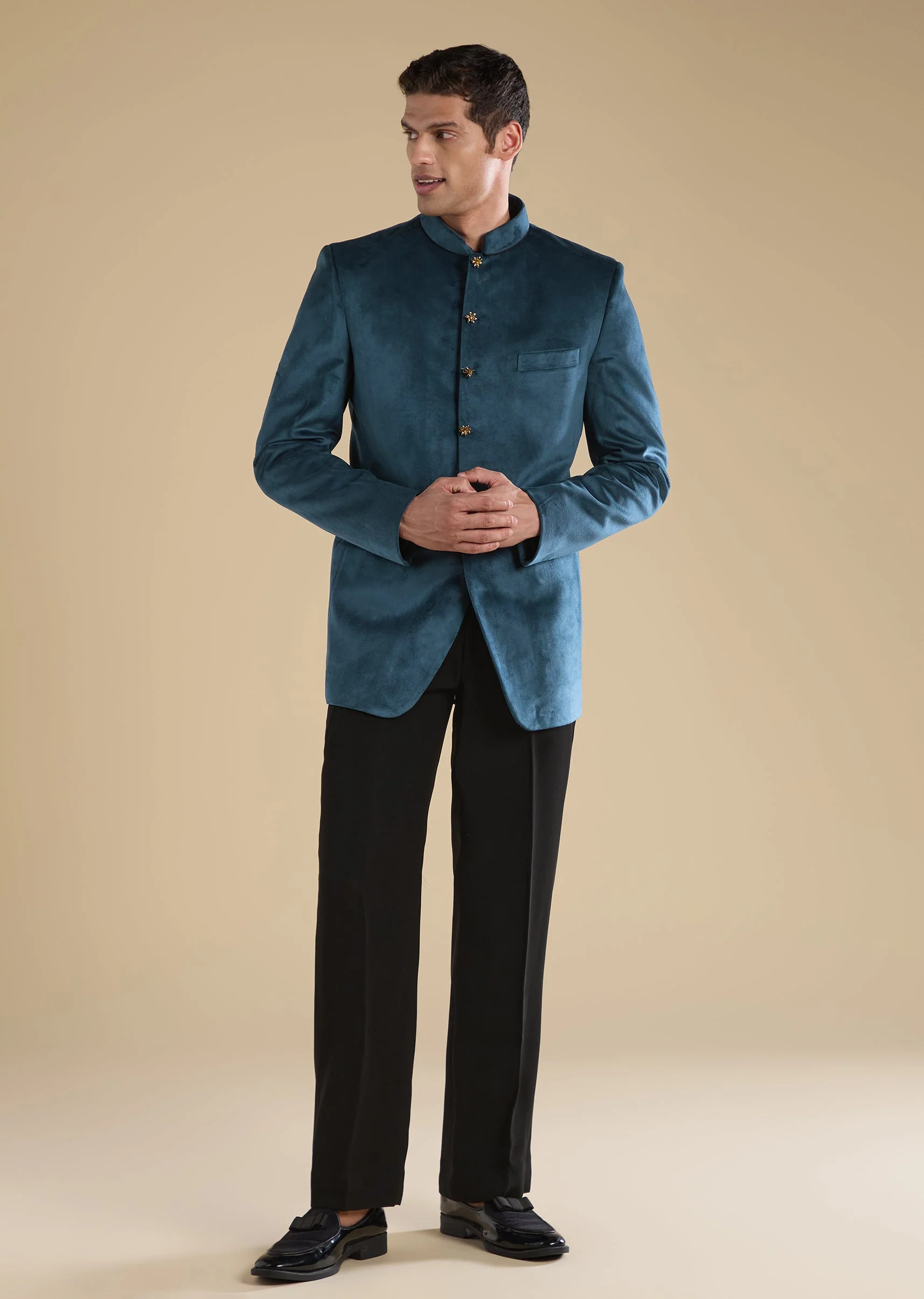 Teal Suede Tuxedo Set With Shirt And Trousers - Image 4