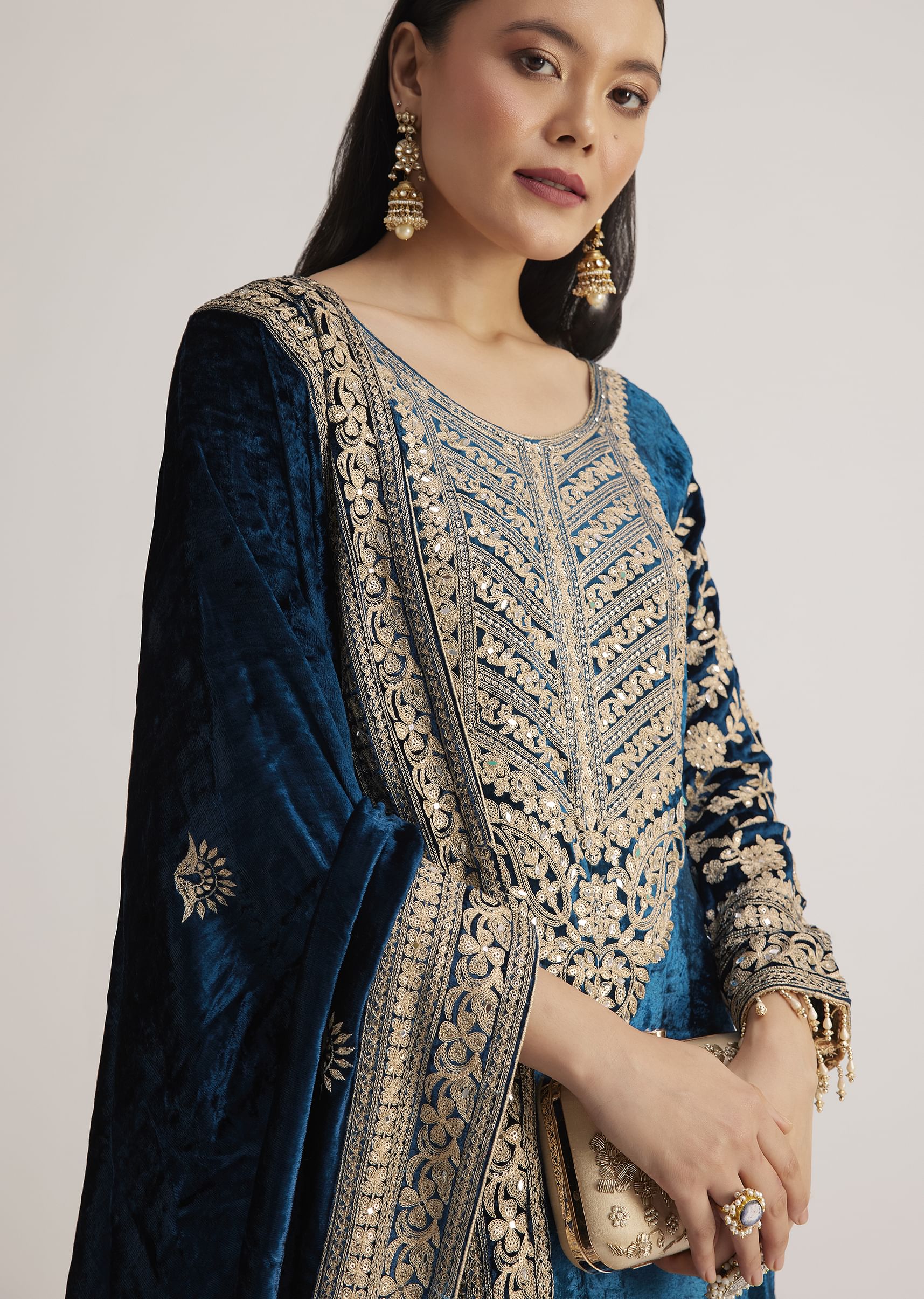 Teal Velvet Embroidered Palazzo Suit - Image 3