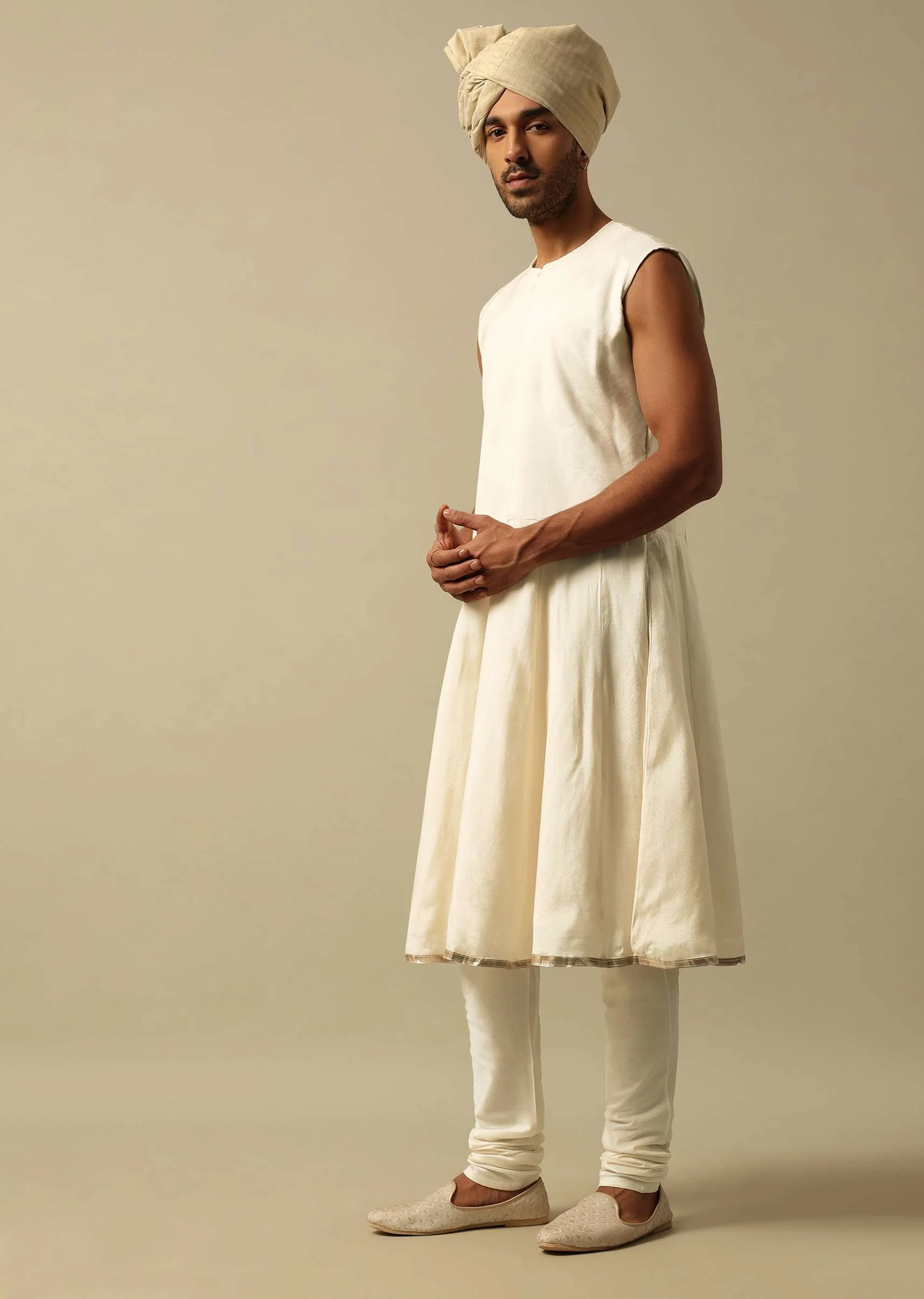 Timeless Beige Banarasi Silk Sherwani - Image 6