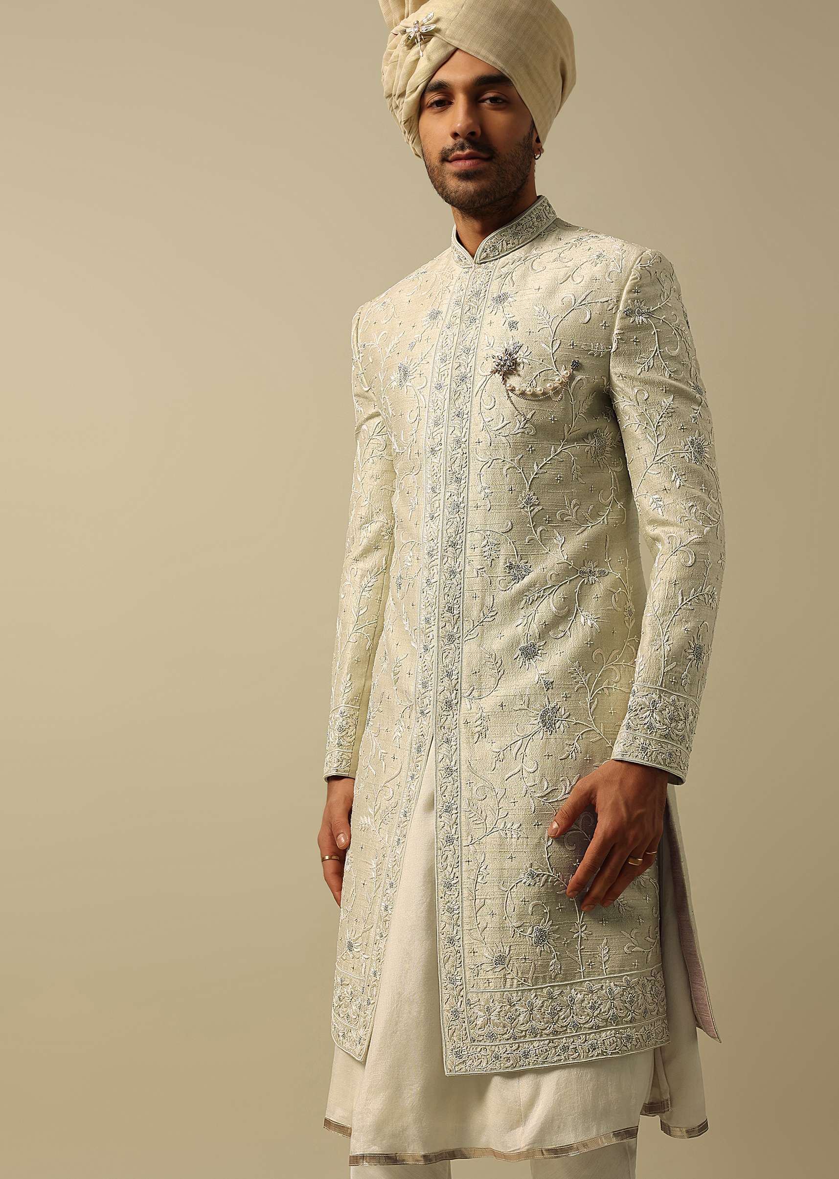 Timeless Green Raw Silk Sherwani - Image 4