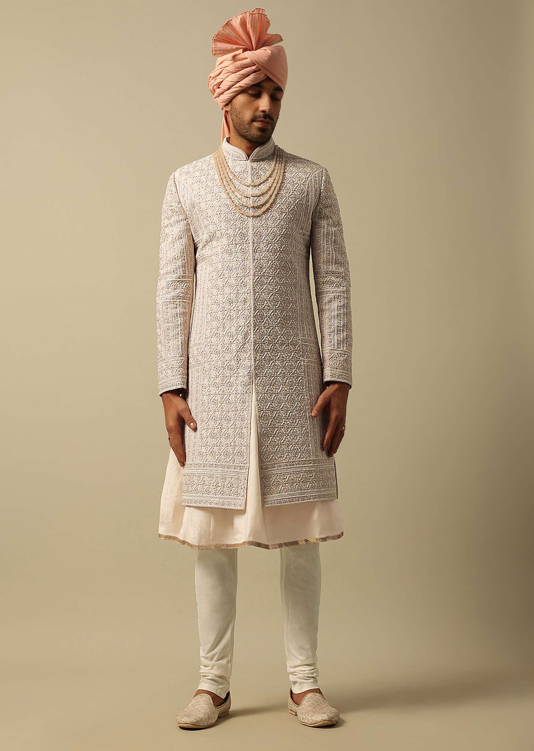 Timeless Peach Raw Silk Sherwani - Image 4