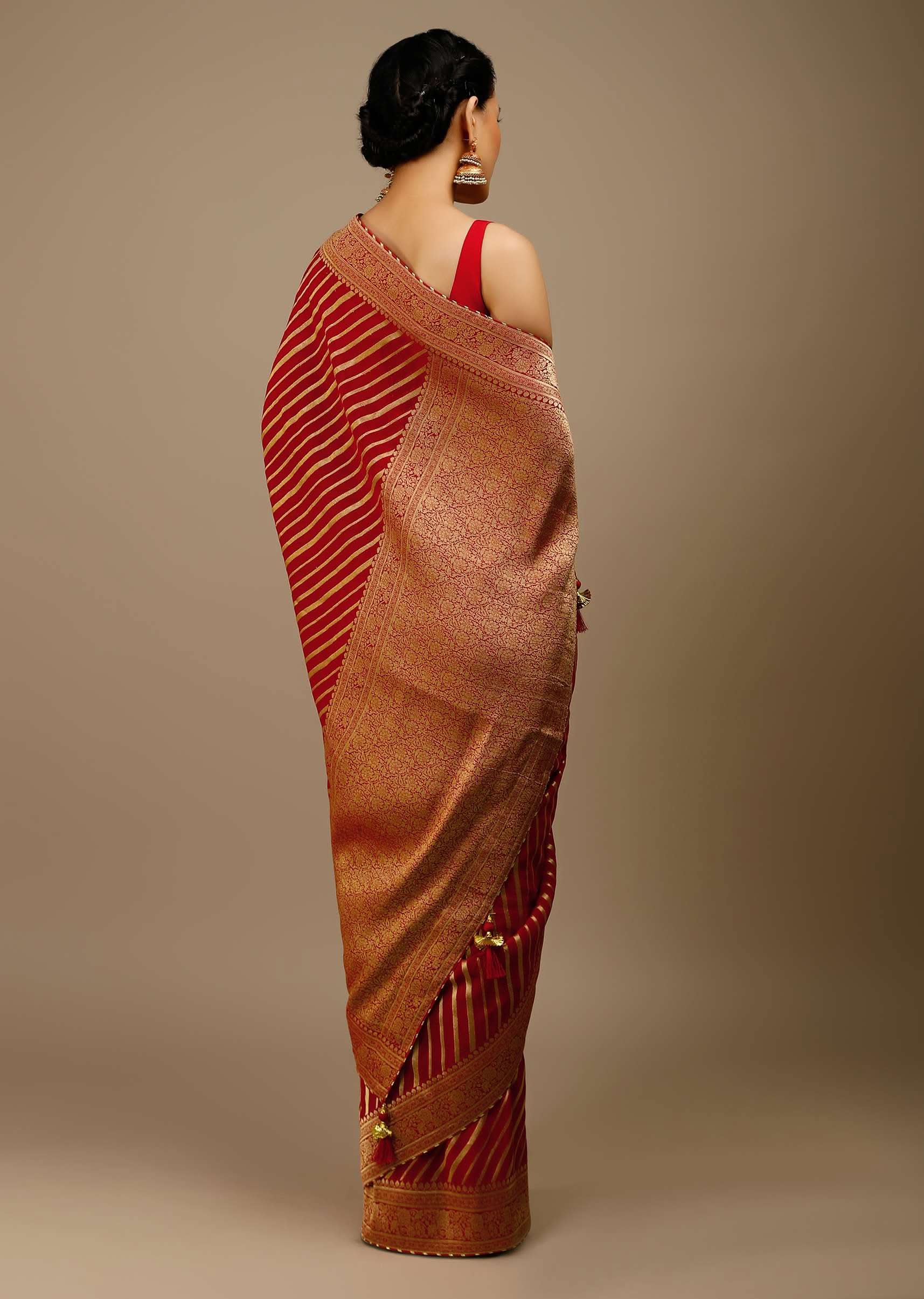 Tomato Red Saree In Georgette With Brocade Woven Diagonal Stripes And Floral Border - Image 4