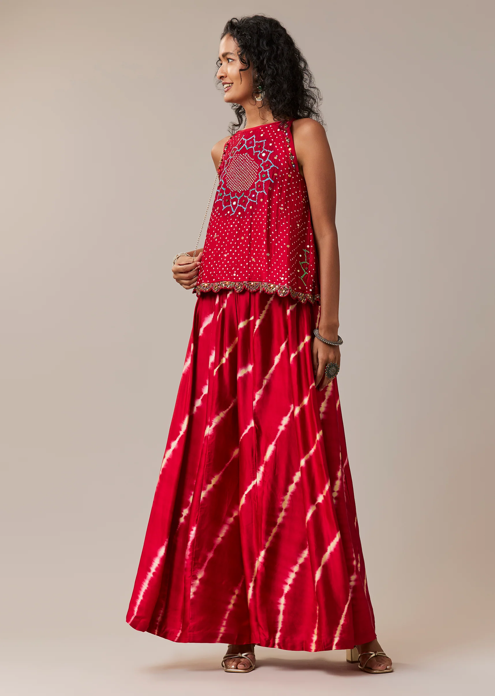 Traditional Bandhani Couple Set – Red Hand-Dyed Bandhani Co-Ord Set For Her And Red Pure Bandhani Silk Kurta Pant Set For Him - Image 3