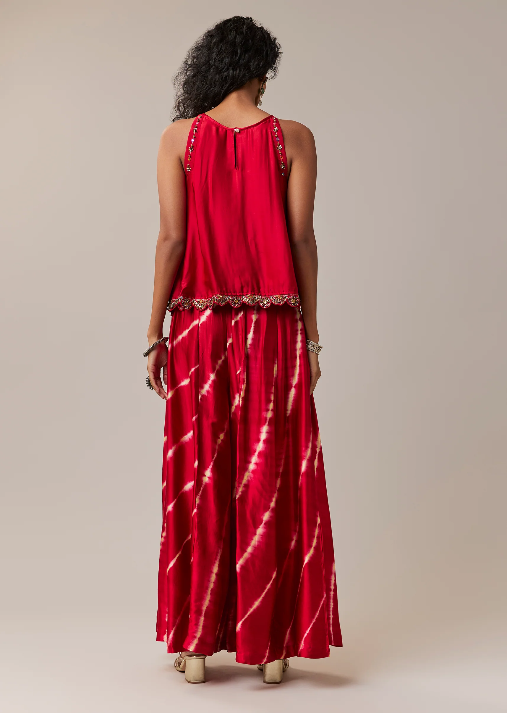 Traditional Bandhani Couple Set – Red Hand-Dyed Bandhani Co-Ord Set For Her And Red Pure Bandhani Silk Kurta Pant Set For Him - Image 5