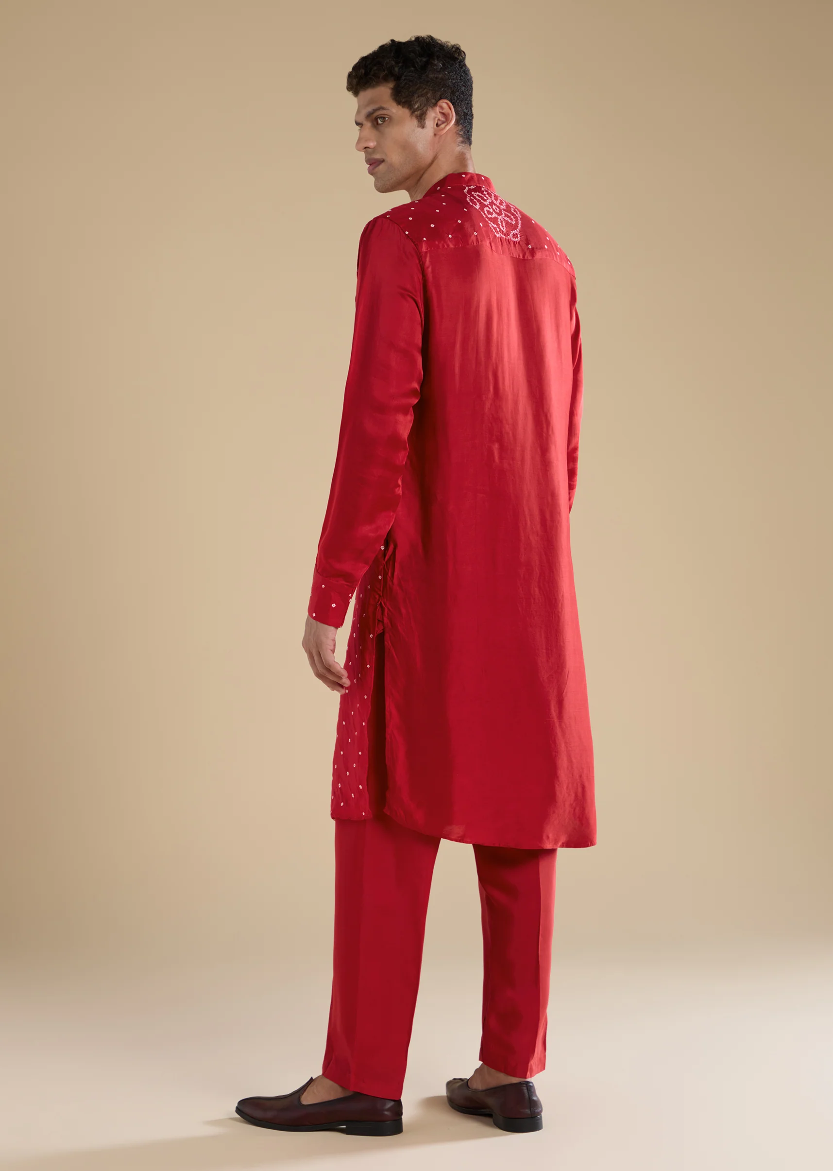 Traditional Bandhani Couple Set – Red Hand-Dyed Bandhani Co-Ord Set For Her And Red Pure Bandhani Silk Kurta Pant Set For Him - Image 9