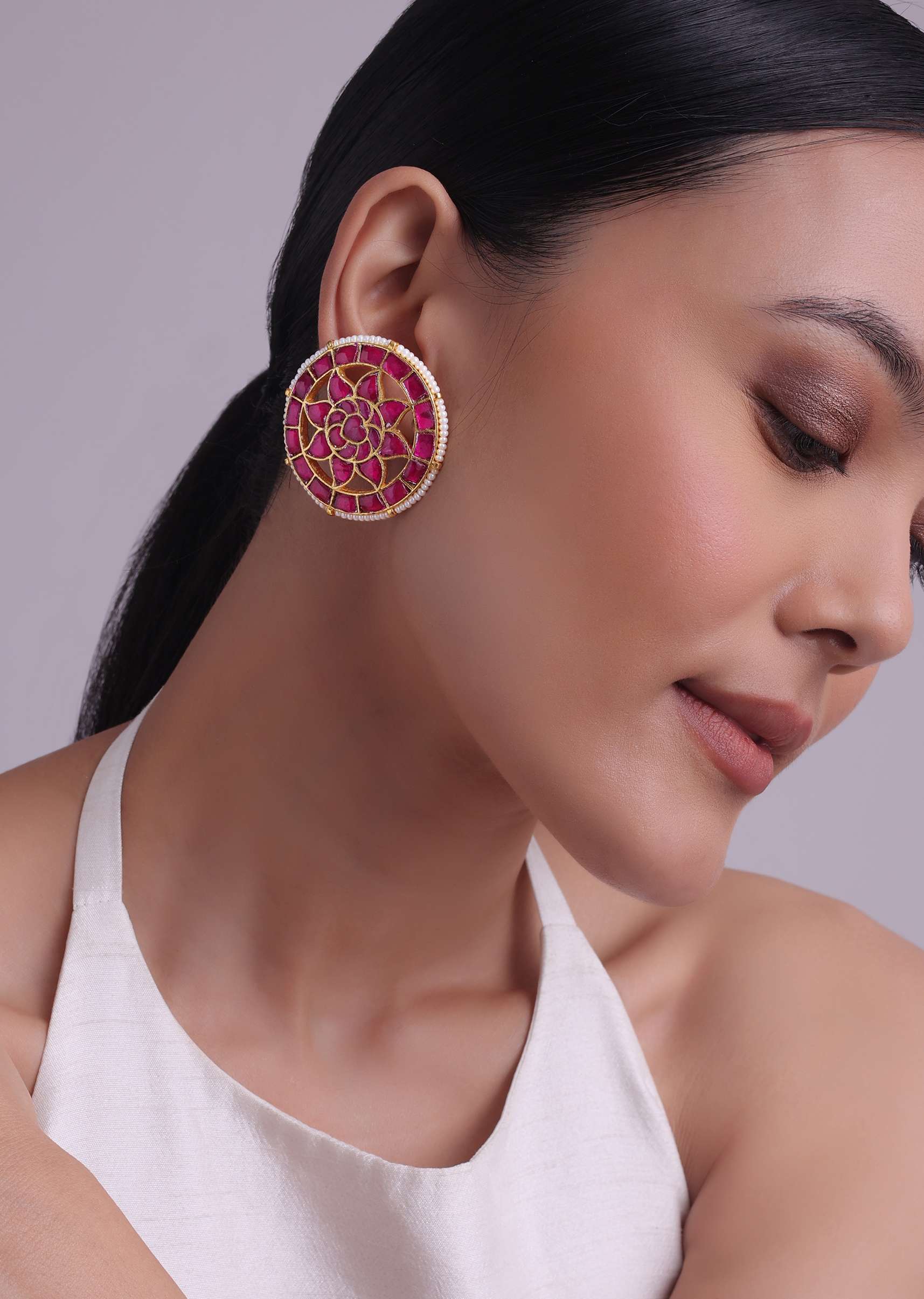 Traditional Kundan Stud Earrings With Ruby Stones And Beads