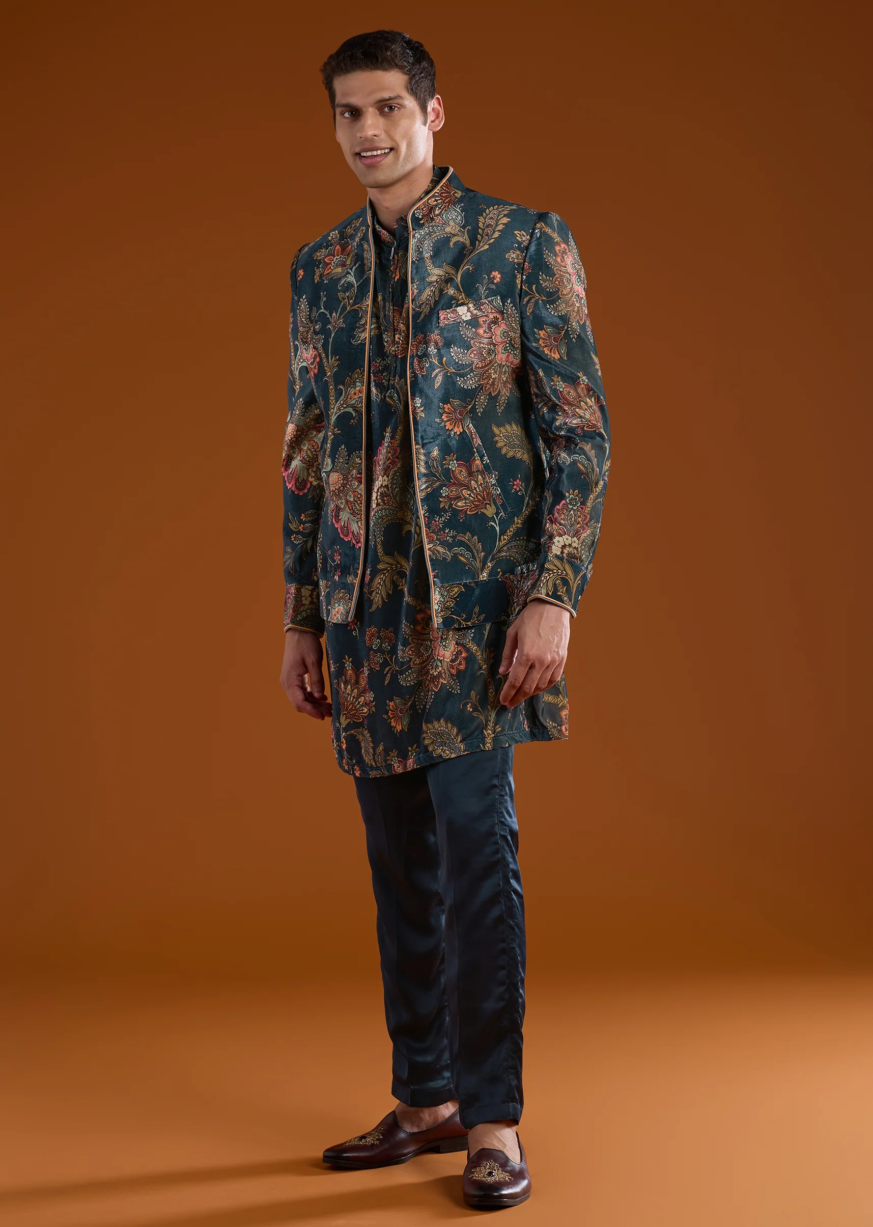 Traditional Luxe Couple Set – Banarasi Silk Lehenga for Her And Velvet Jodhpuri Kurta Set for Him - Image 7