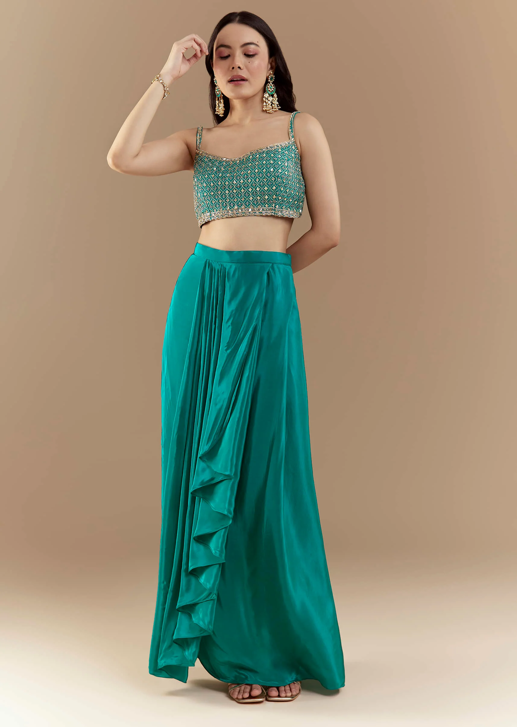 Turquoise Blue Crop Top Skirt Set with Bandhani Cape - Image 6